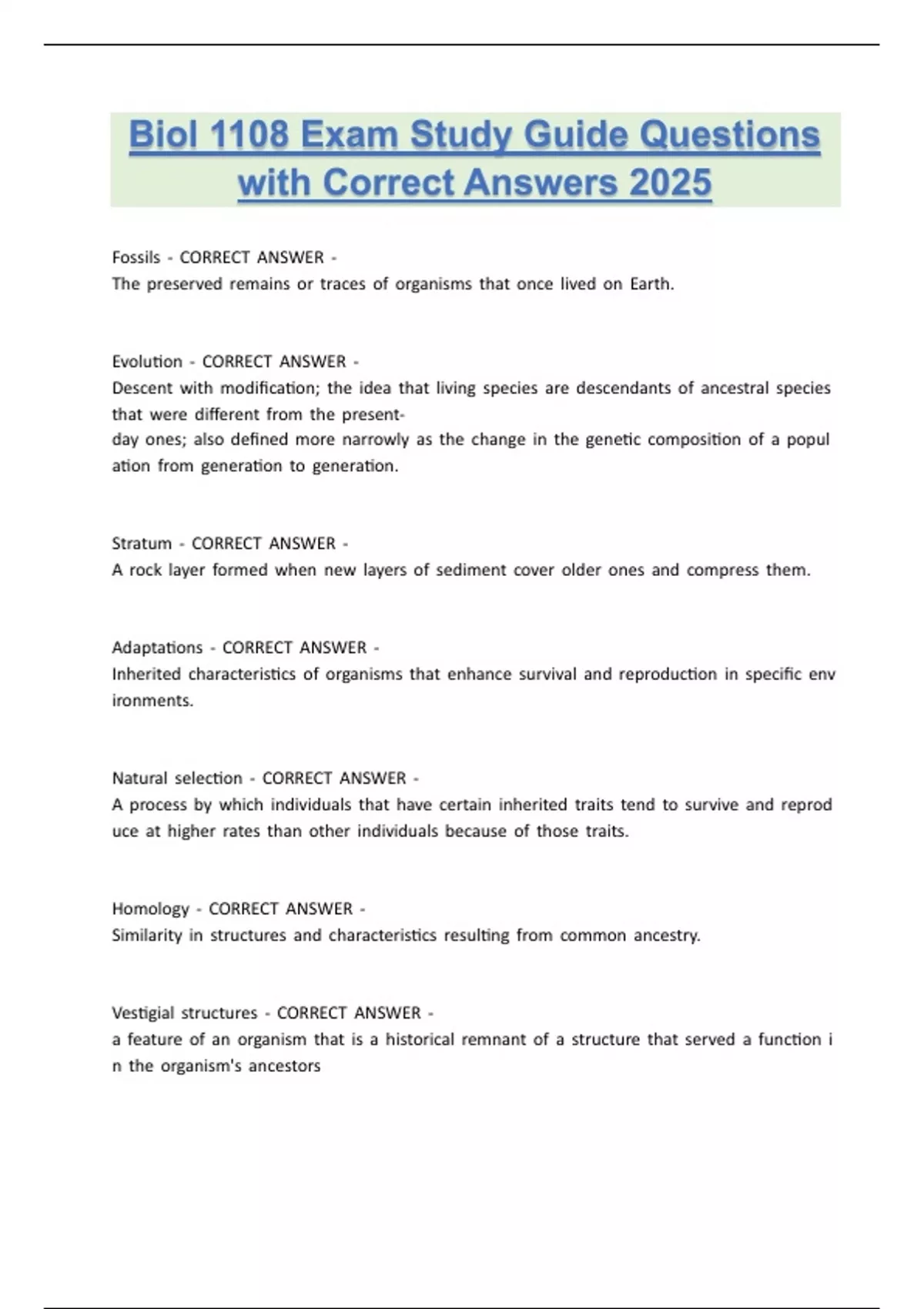 Biol 1108 Exam Study Guide Questions with Correct Answers 2025 - BIOL ...