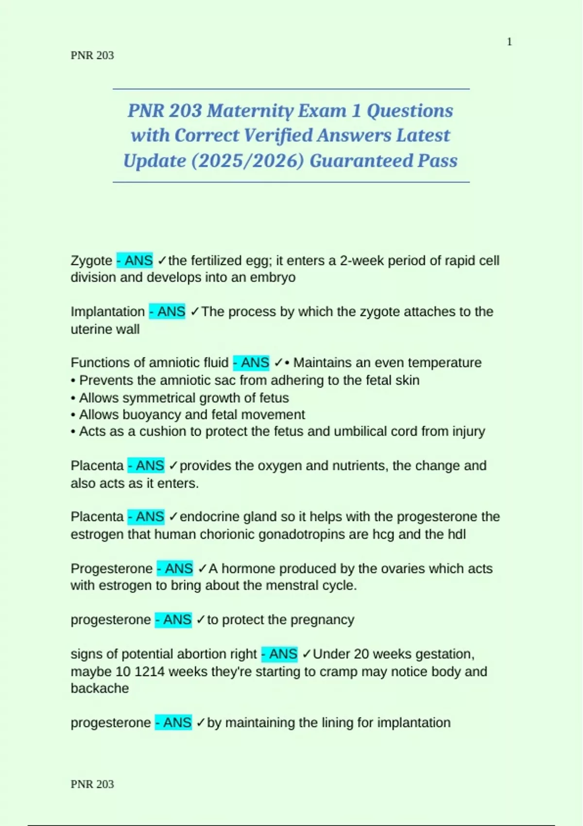 PNR 203 Maternity Exam 1 Questions with Correct Verified Answers Latest ...