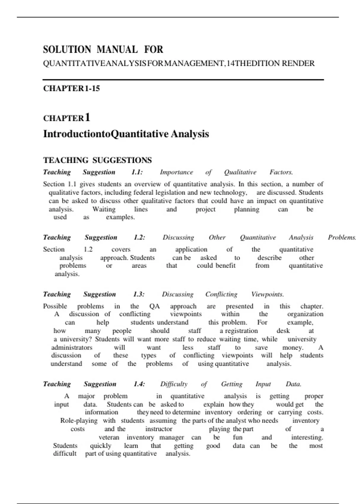 SOLUTION MANUAL for QUANTITATIVE ANALYSIS FOR MANAGEMENT, 14TH EDITION ...