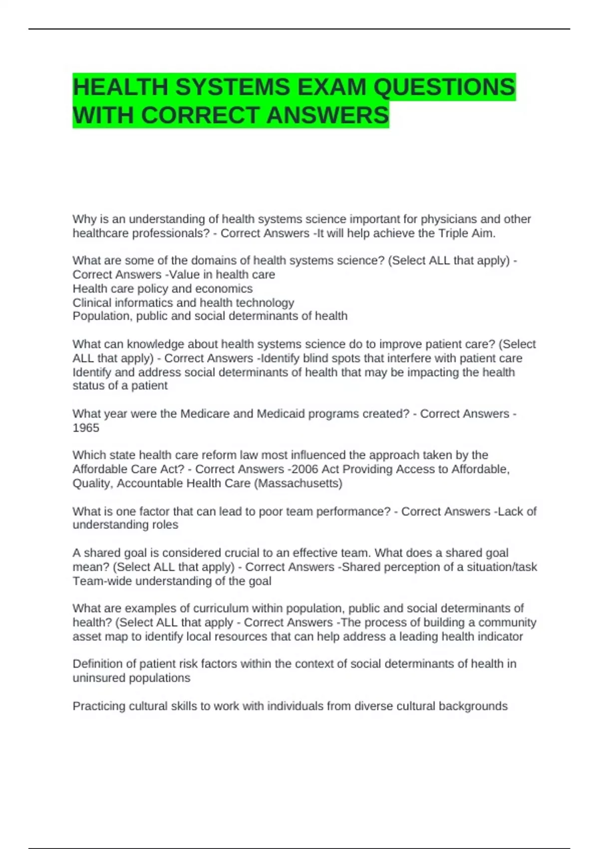 HEALTH SYSTEMS EXAM QUESTIONS WITH CORRECT ANSWERS - Essentials of the ...