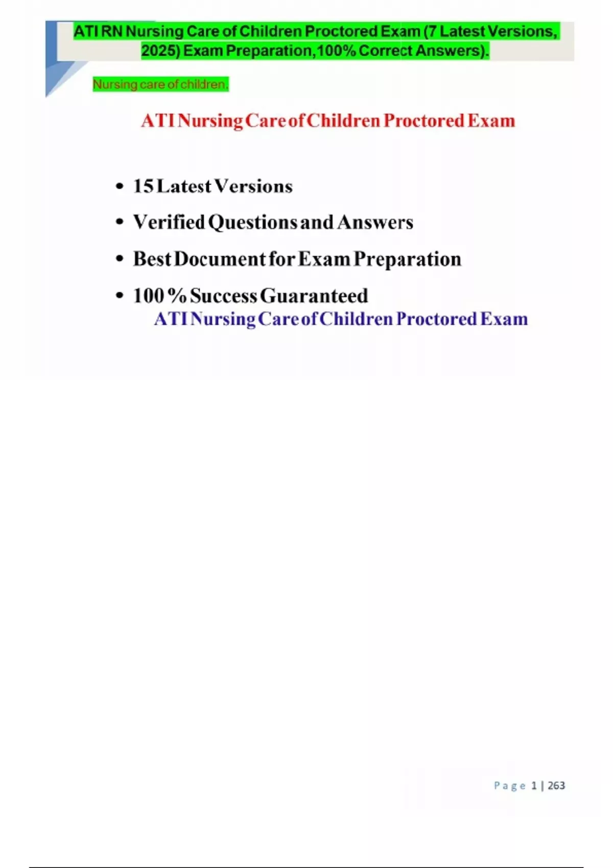 ATI RN Nursing Care of Children Proctored Exam (7 Latest Versions, 2025 ...