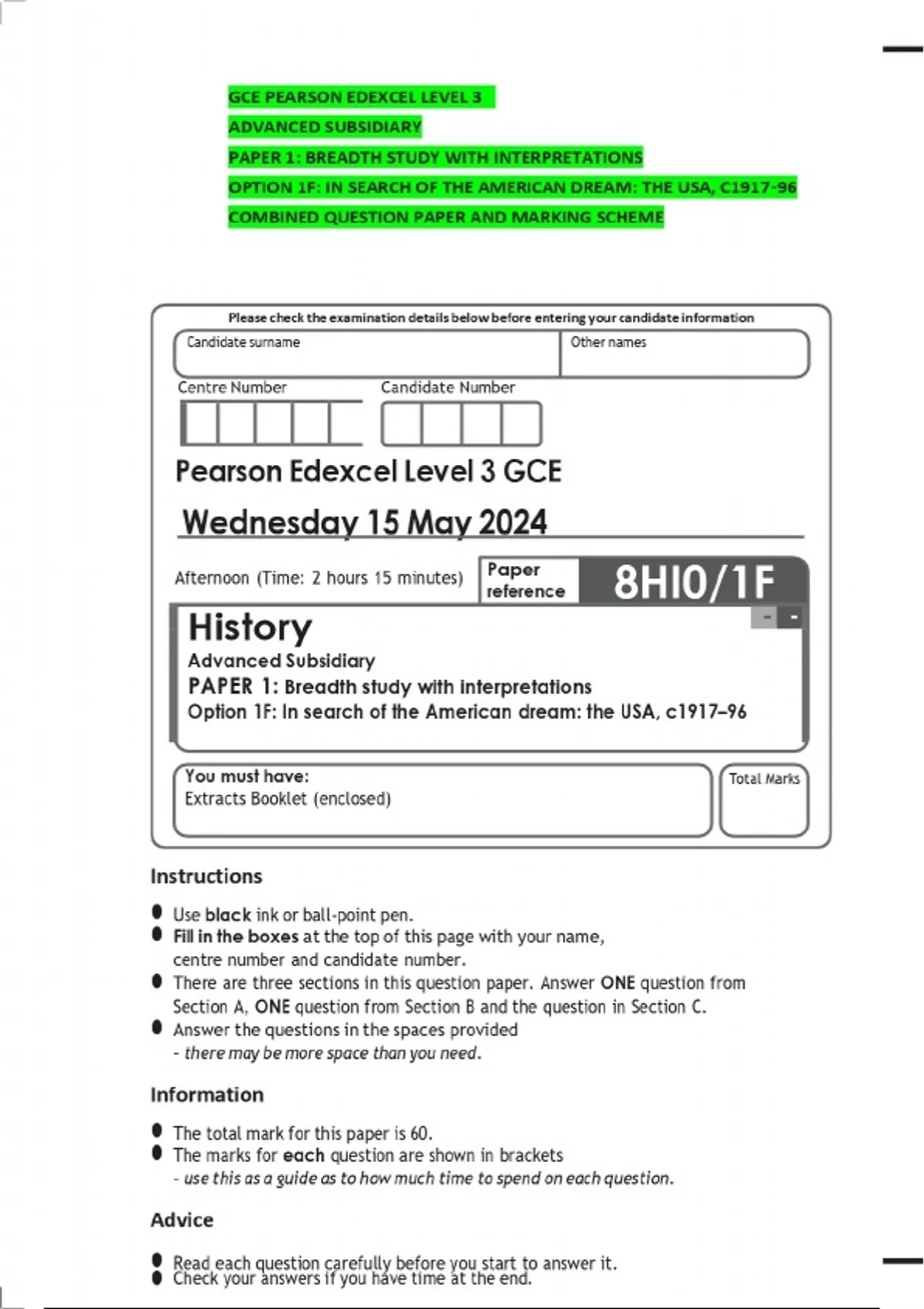 GCE PEARSON EDEXCEL LEVEL 3 ADVANCED SUBSIDIARY PAPER 1: BREADTH STUDY ...