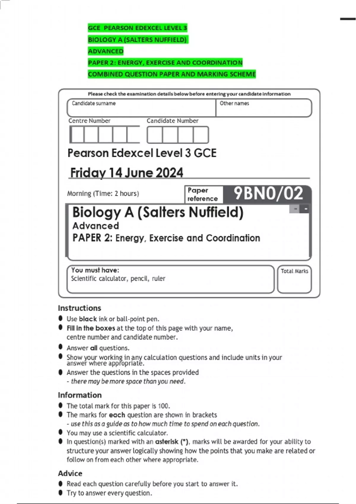 GCE PEARSON EDEXCEL LEVEL 3 BIOLOGY A (SALTERS NUFFIELD) ADVANCED PAPER ...