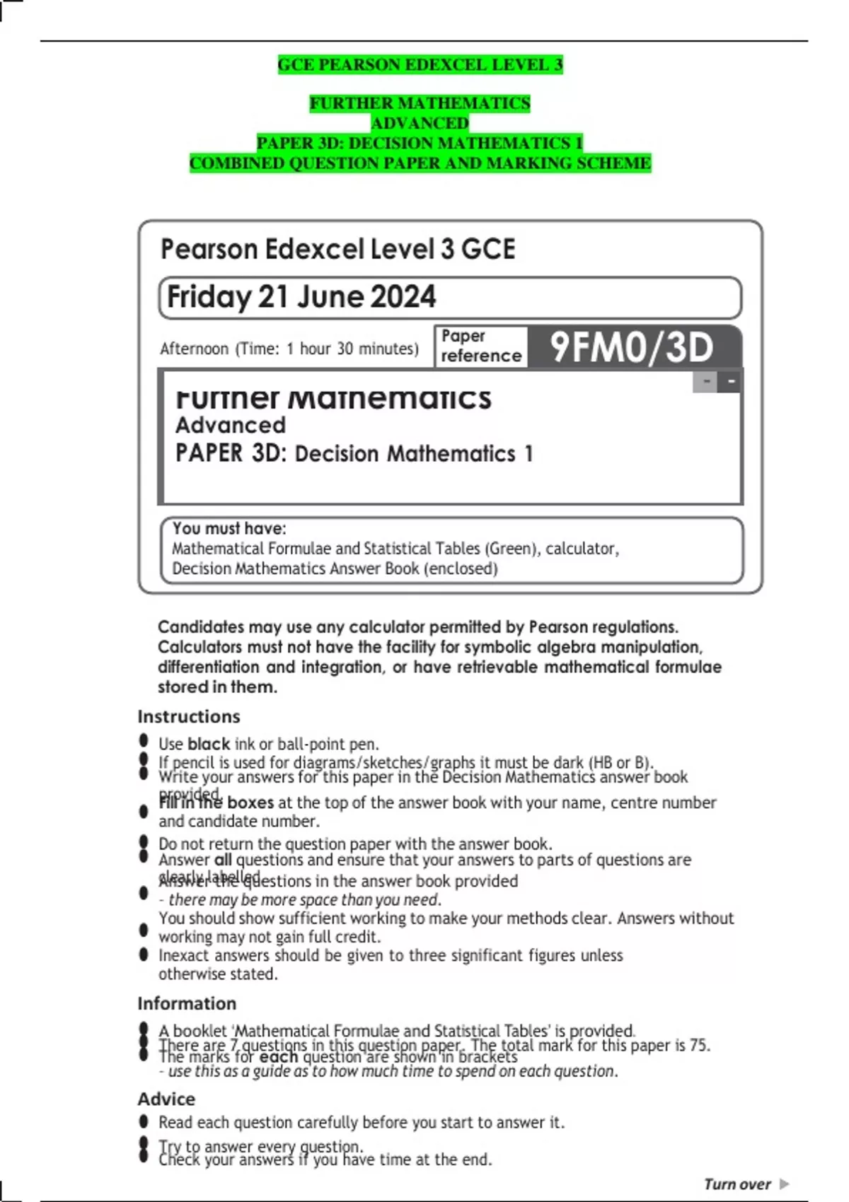 GCE PEARSON EDEXCEL LEVEL 3 FURTHER MATHEMATICS ADVANCED PAPER 3D ...