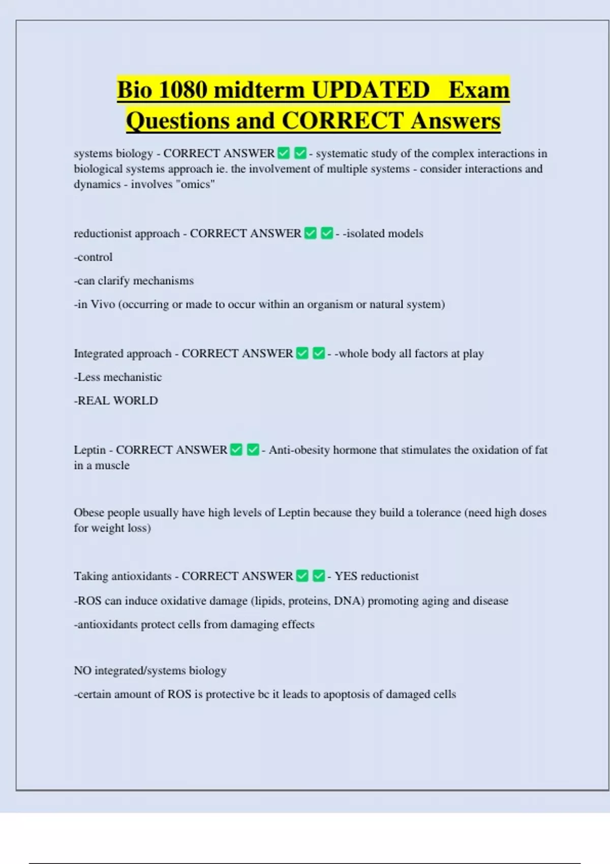 Bio 1080 midterm UPDATED Exam Questions and CORRECT Answers - Biology ...
