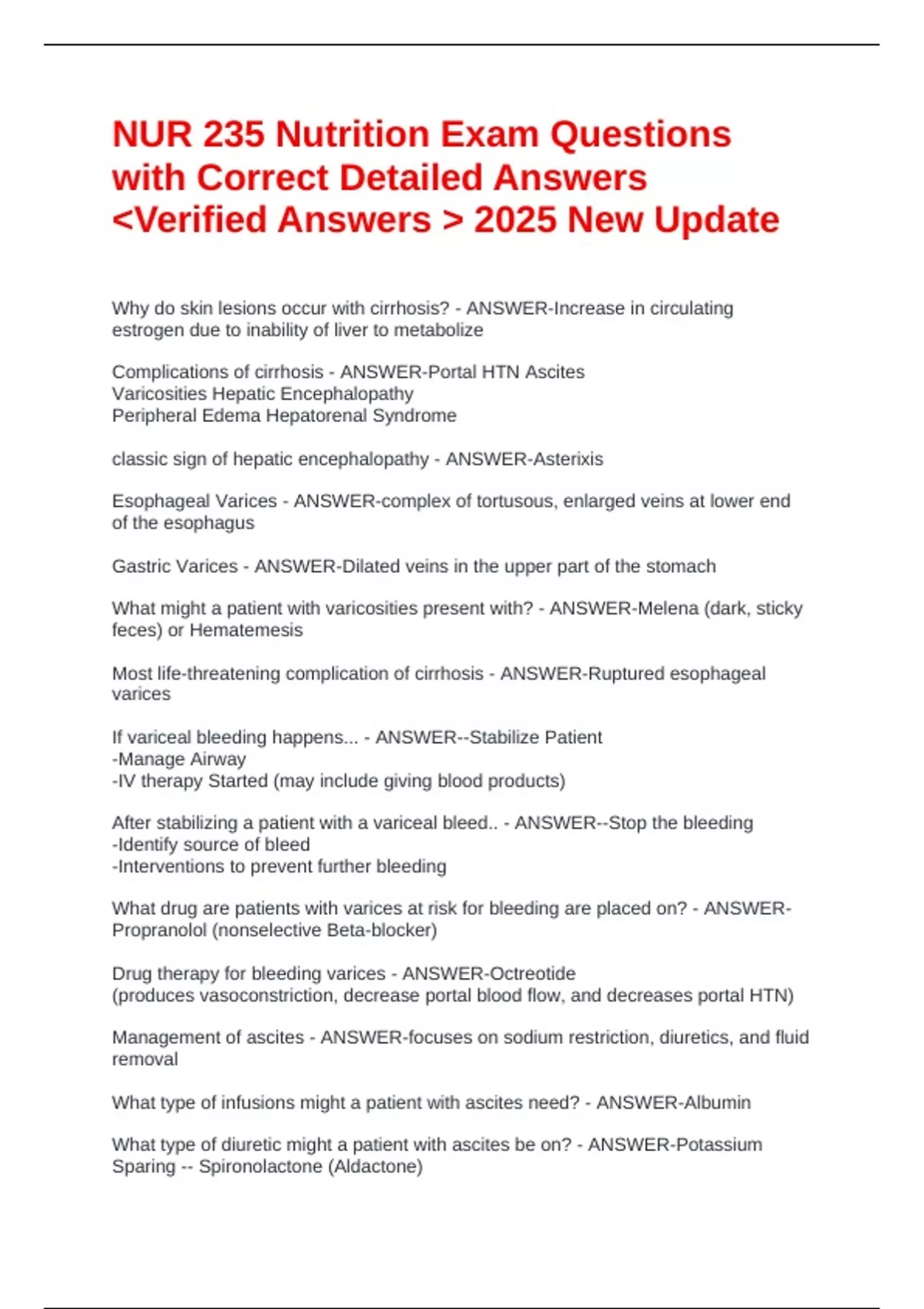 NUR 235 Nutrition Exam Questions with Correct Detailed Answers Verified ...