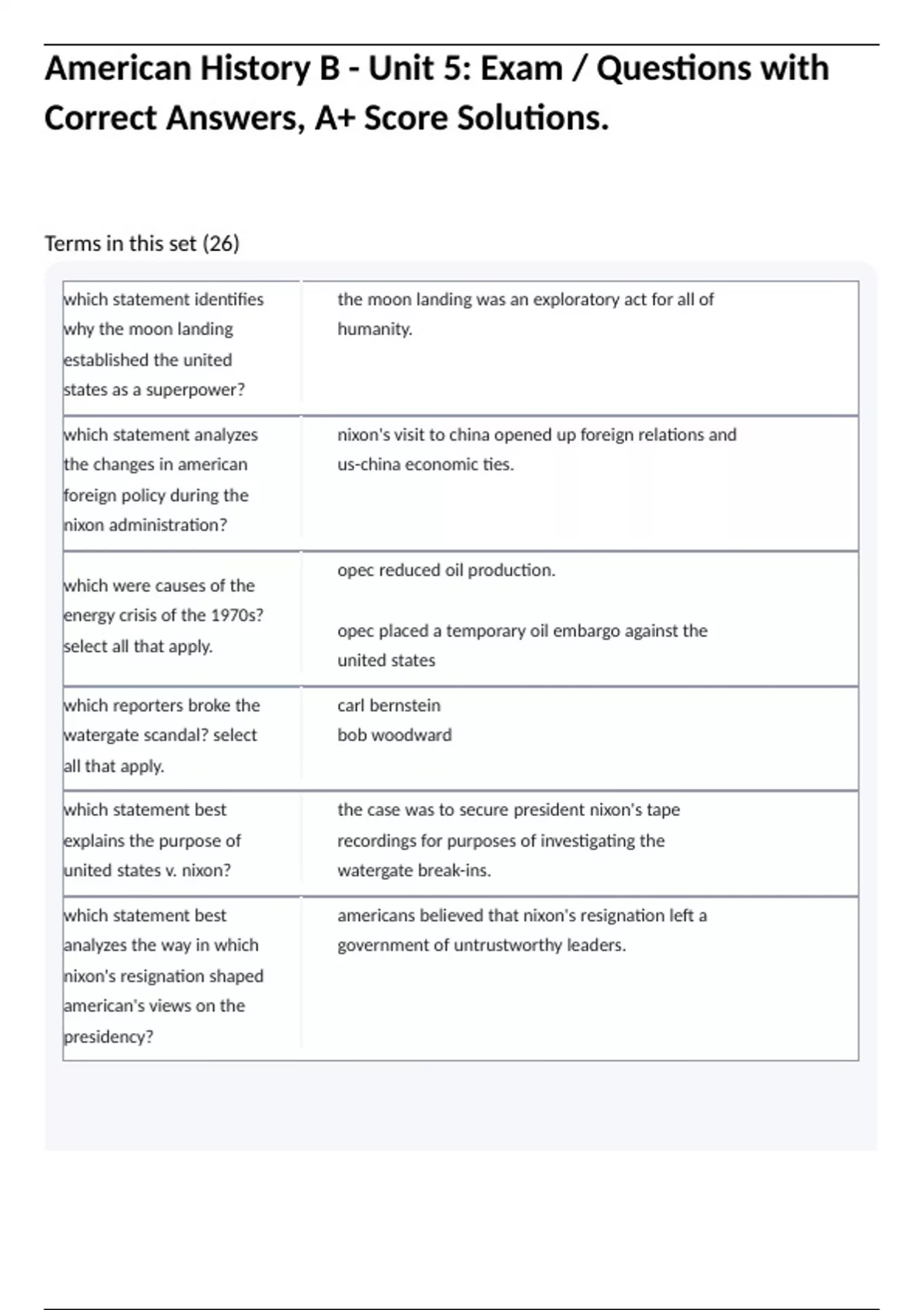 American History B - Unit 5: Exam / Questions with Correct Answers, A+ ...