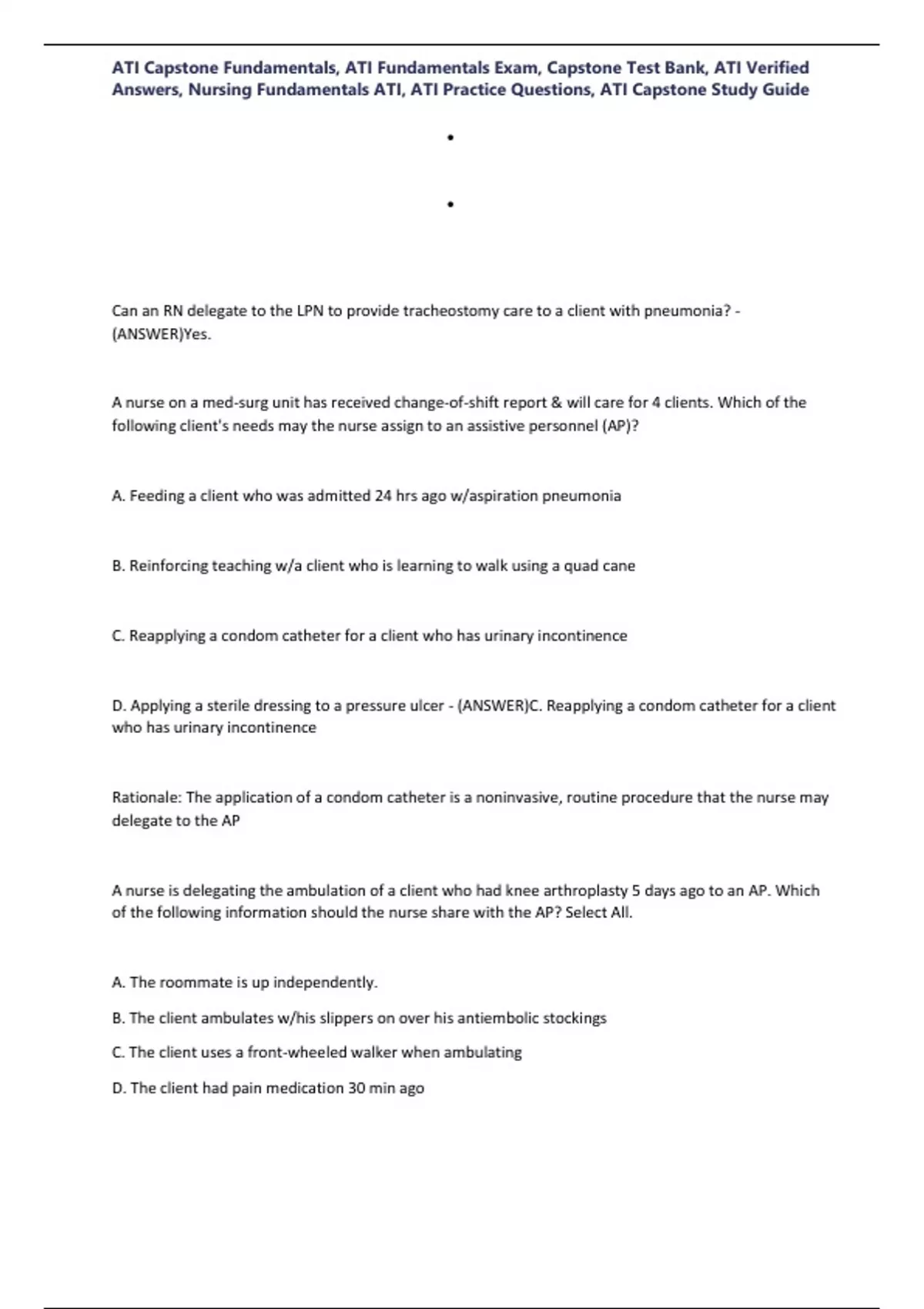 ATI Capstone Fundamentals, ATI Fundamentals Exam, Capstone Test Bank ...