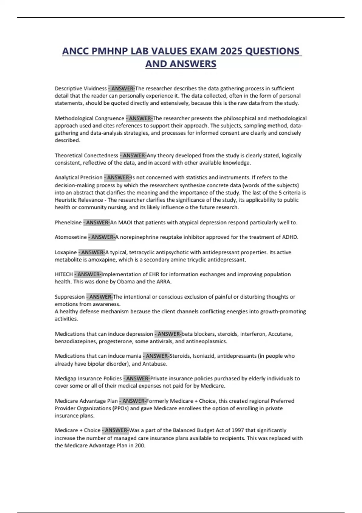 ANCC PMHNP LAB VALUES EXAM 2025 - Ancc pmhnp - Stuvia US