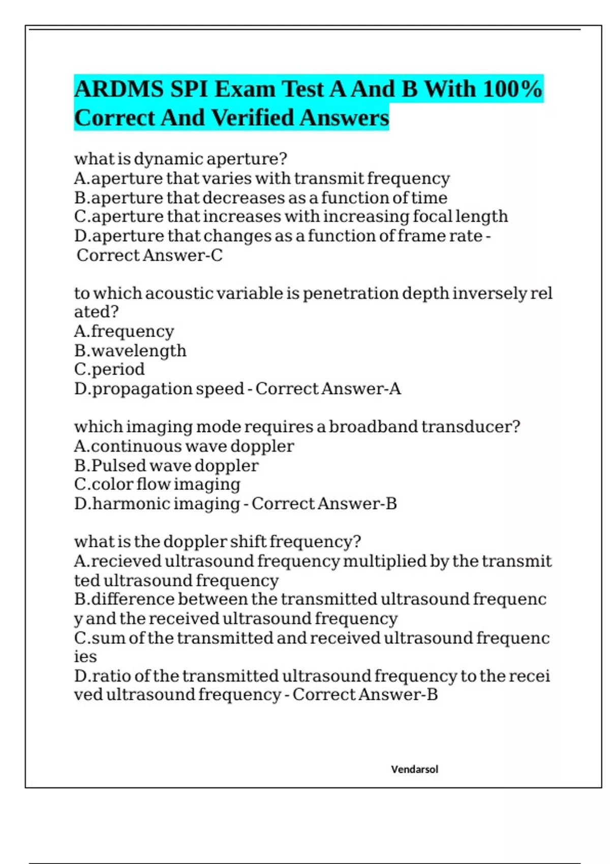 ARDMS SPI Exam Test A And B With 100% Correct And Verified Answers ...
