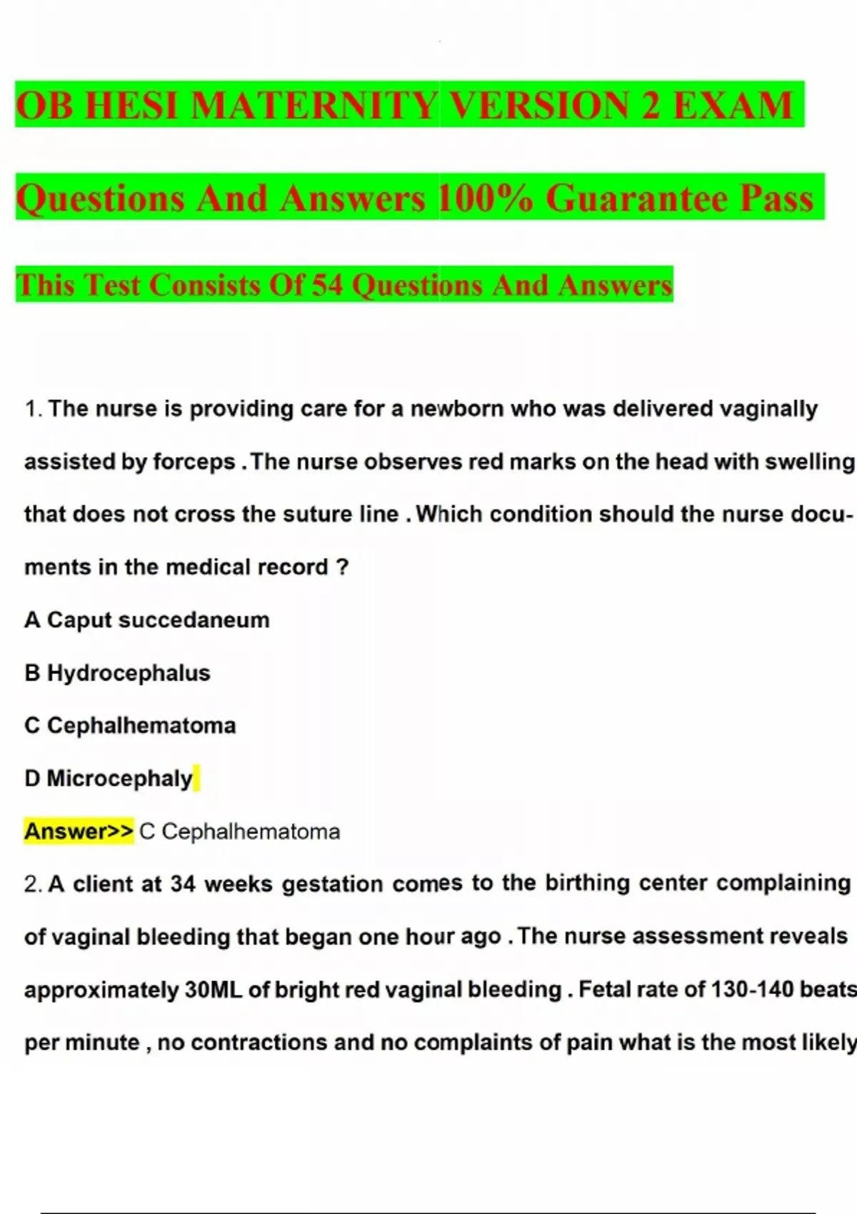 OB HESI MATERNITY VERSION 2 EXAM Questions And Answers 100% Guarantee ...