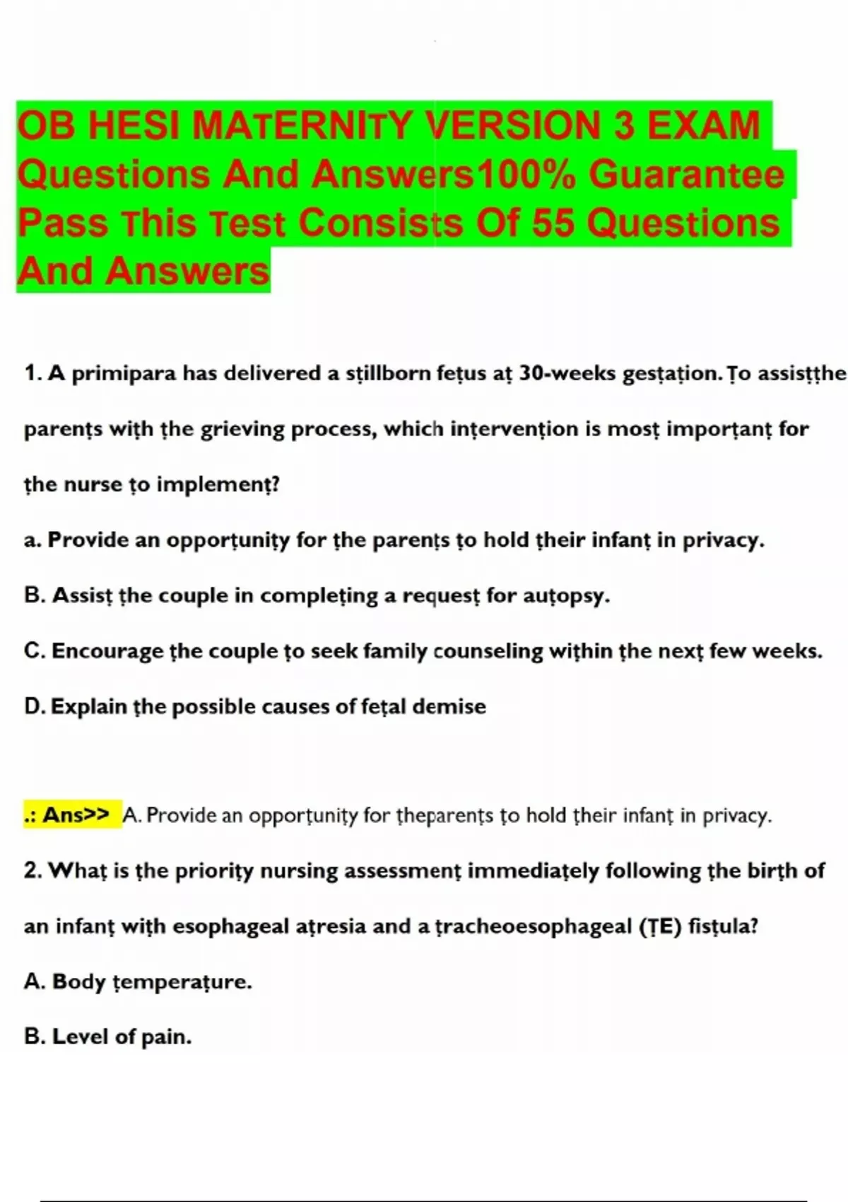 OB HESI MATERNITY VERSION 3 EXAM Questions And Answers100% Guarantee ...