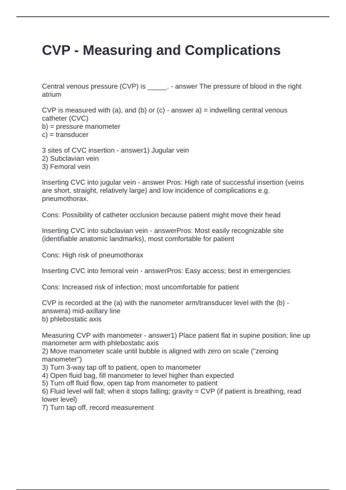 CVP - Measuring and Complications Questions with Correct Answers ...