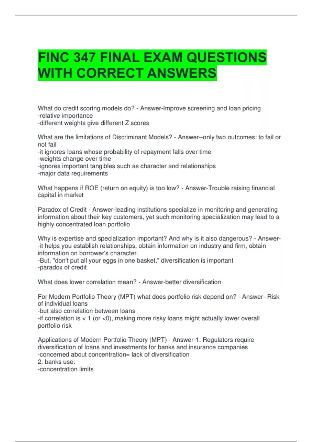 FINC 347 FINAL EXAM QUESTIONS WITH CORRECT ANSWERS - FINC 347 - Stuvia US