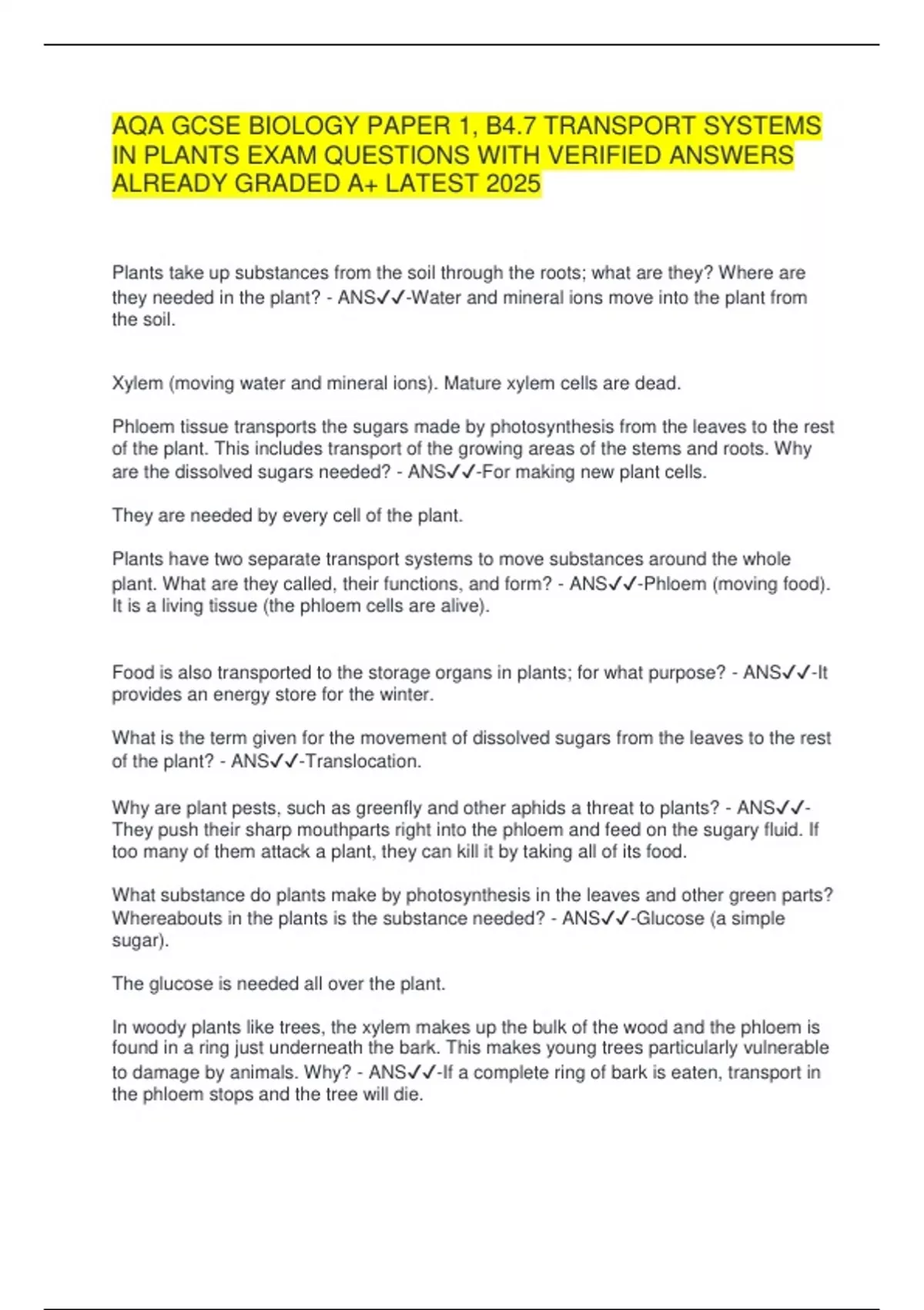 AQA GCSE BIOLOGY PAPER 1, B4.7 TRANSPORT SYSTEMS IN PLANTS EXAM ...