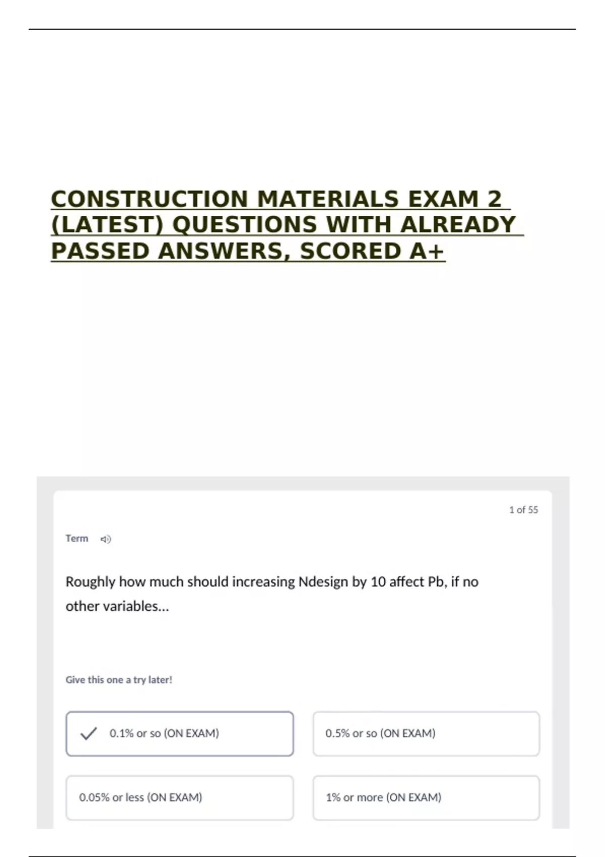CONSTRUCTION MATERIALS EXAM 2 (LATEST) QUESTIONS WITH ALREADY PASSED ...