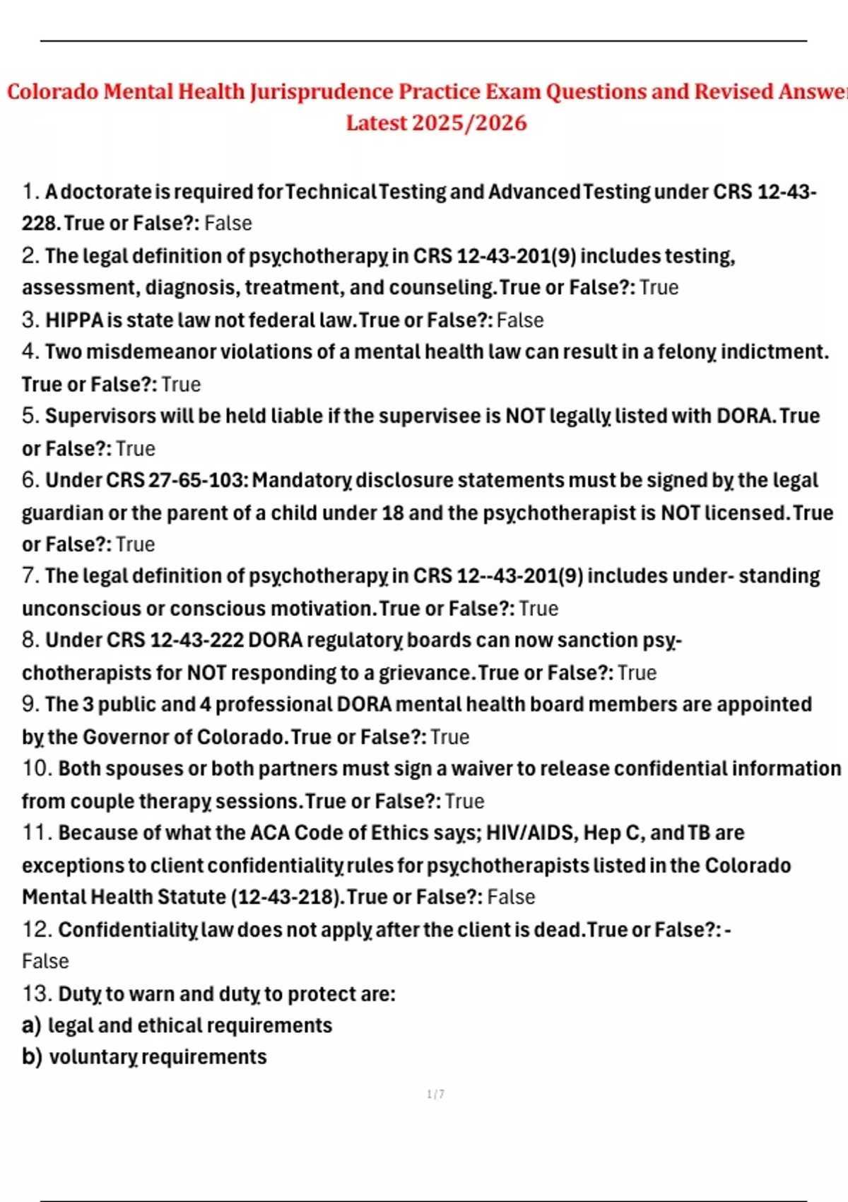 Colorado Mental Health Jurisprudence – Practice Exam Questions and Revised Answers (2025/2026 ...