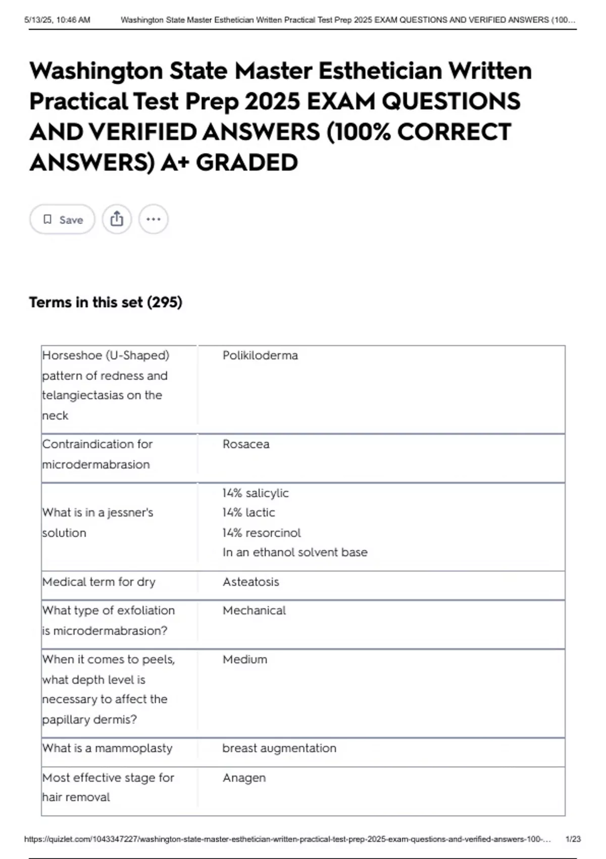 Washington State Master Esthetician Written Practical Test Prep 2025 EXAM QUESTIONS AND VERIFIED ...