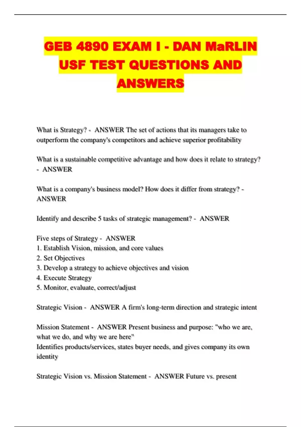 GEB 4890 EXAM I - DAN MaRLIN USF TEST QUESTIONS AND ANSWERS - GEB 4890 ...
