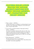 CALIFORNIA DEALER LICENSE  PRACTICE TEST 2025&sol;2026  ACCURATE QUESTIONS WITH  CORRECT DETAILED ANSWERS &vert;&vert;  100&percnt; GUARANTEED PASS  <RECENT VERSION> 