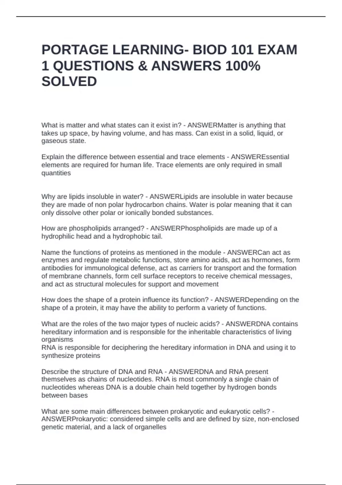 PORTAGE LEARNING- BIOD 101 EXAM 1 QUESTIONS & ANSWERS 100% SOLVED ...
