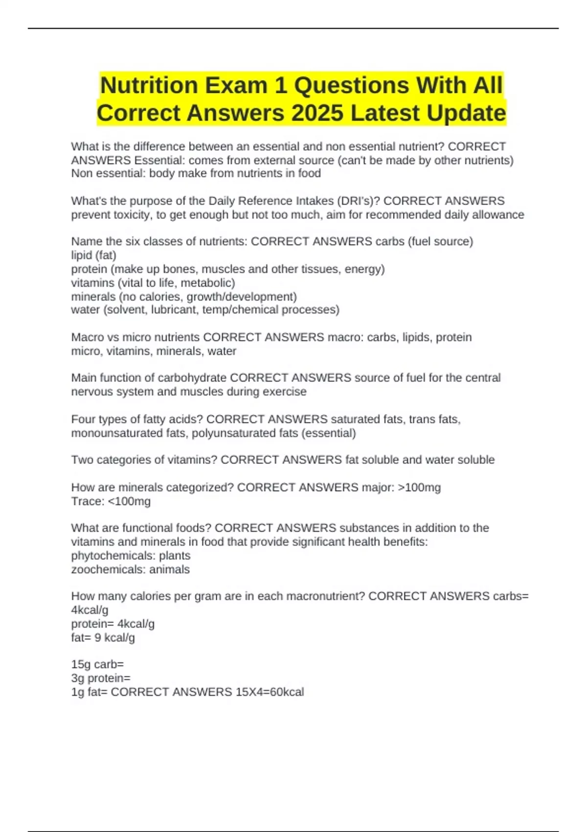 Nutrition Exam 1 Questions With All Correct Answers 2025 Latest Update