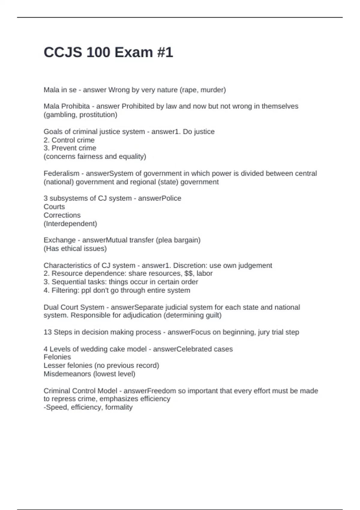 CCJS 100 Exam -1 Questions with Correct Answers - CCJS - Stuvia US