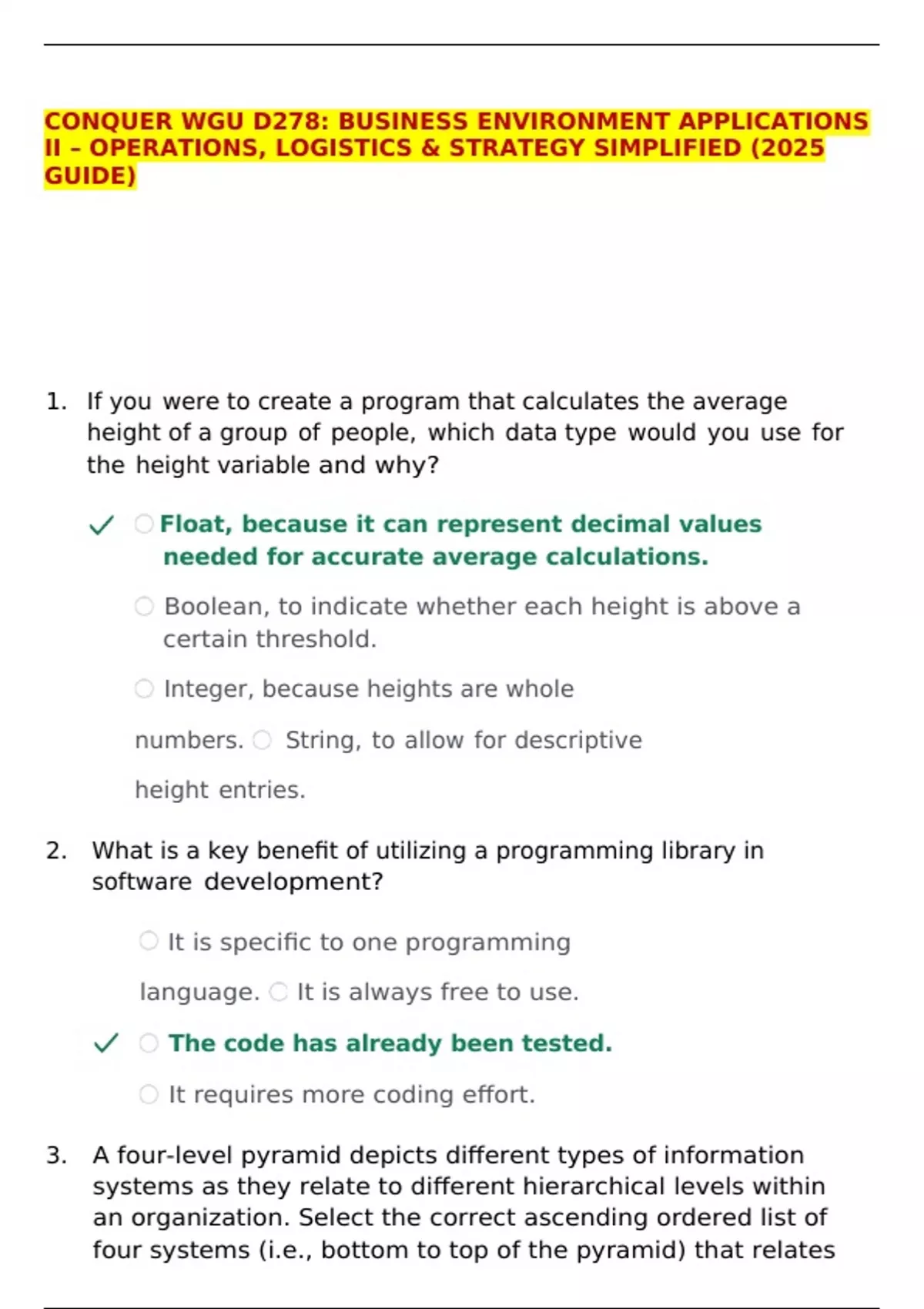 CONQUER WGU D278: BUSINESS ENVIRONMENT APPLICATIONS II – OPERATIONS ...