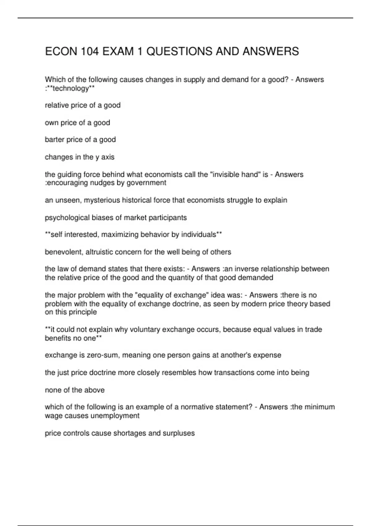 ECON 104 EXAM 1 QUESTIONS AND ANSWERS - ECON 104 - Stuvia US