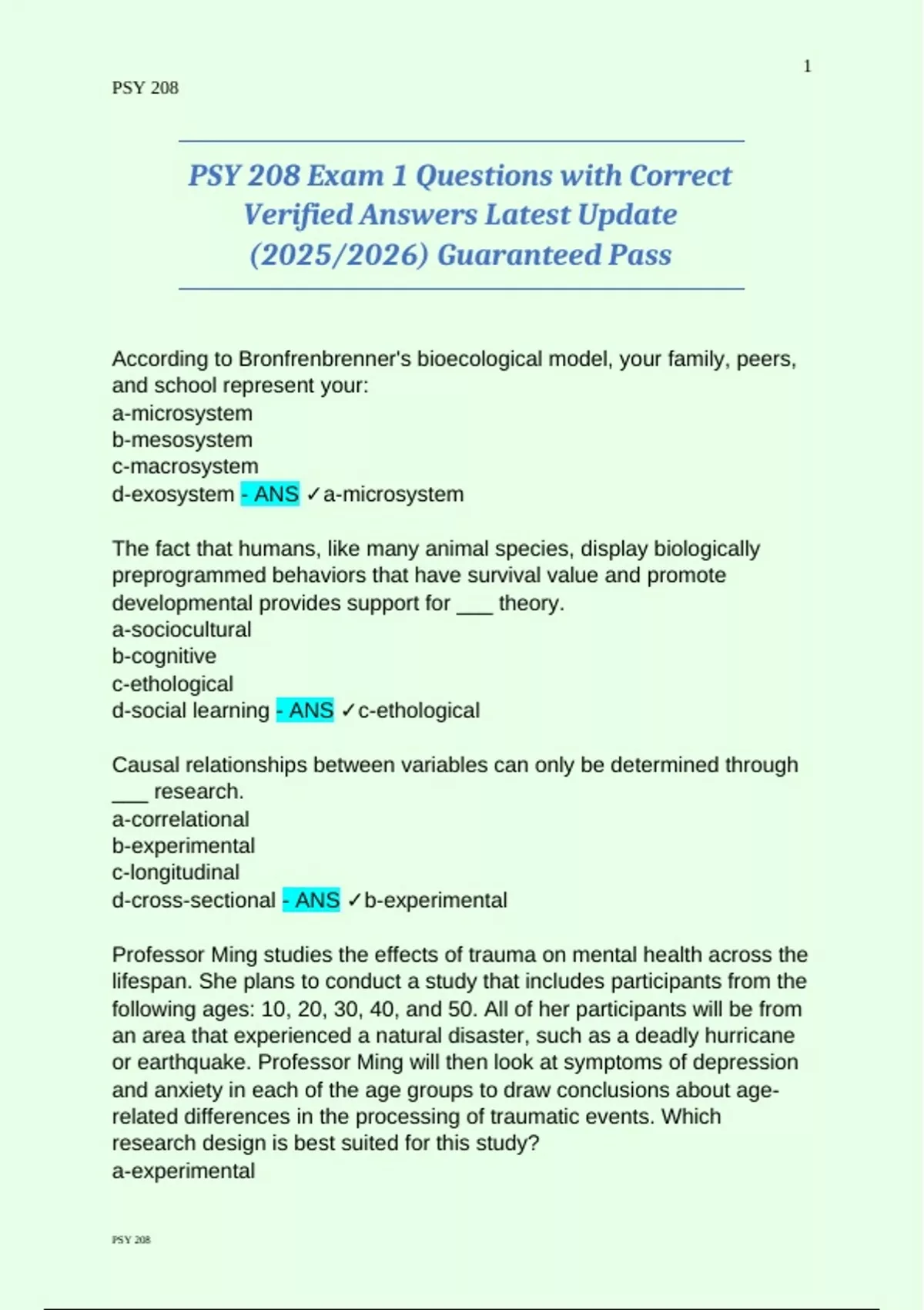 PSY 208 Exam 1 Questions with Correct Verified Answers Latest Update ...