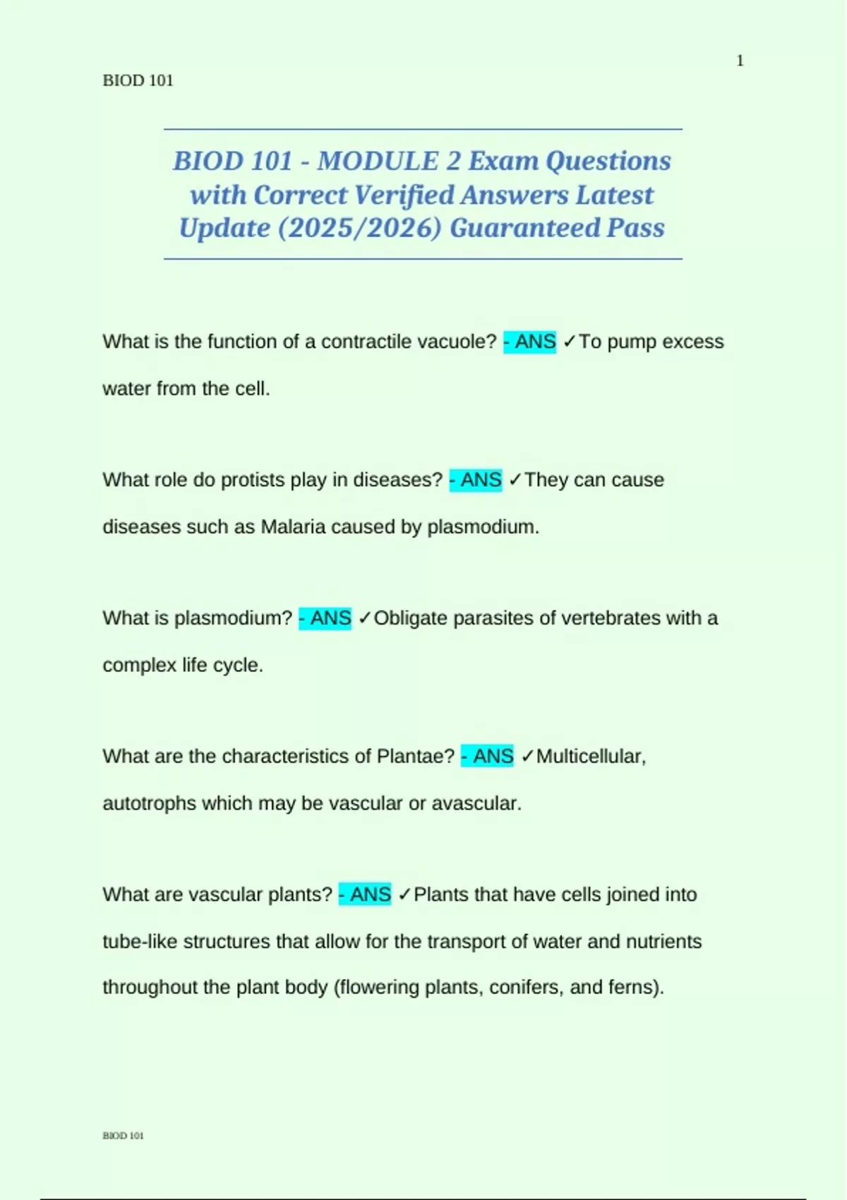 BIOD 101 - MODULE 2 Exam Questions with Correct Verified Answers Latest ...