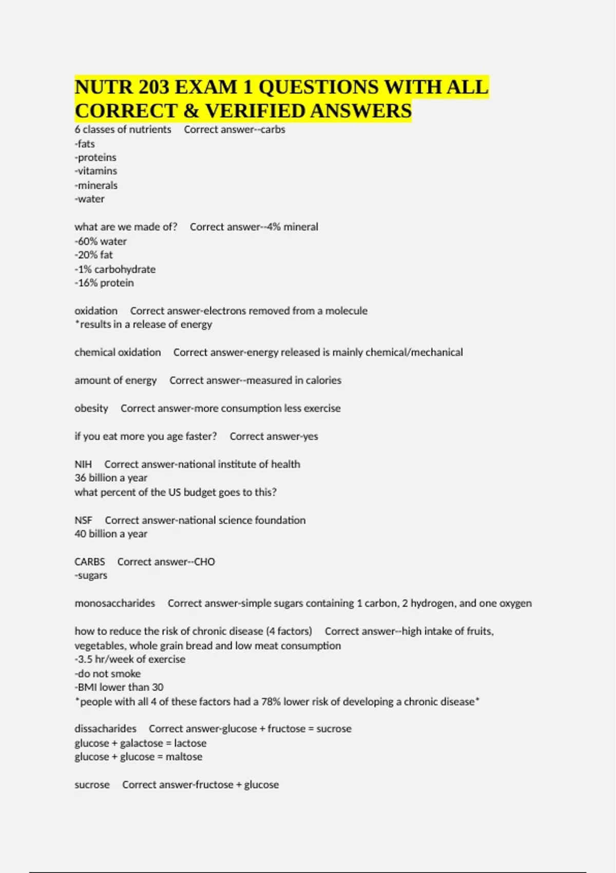 NUTR 203 EXAM 1 QUESTIONS WITH ALL CORRECT & VERIFIED ANSWERS - NURS203 ...