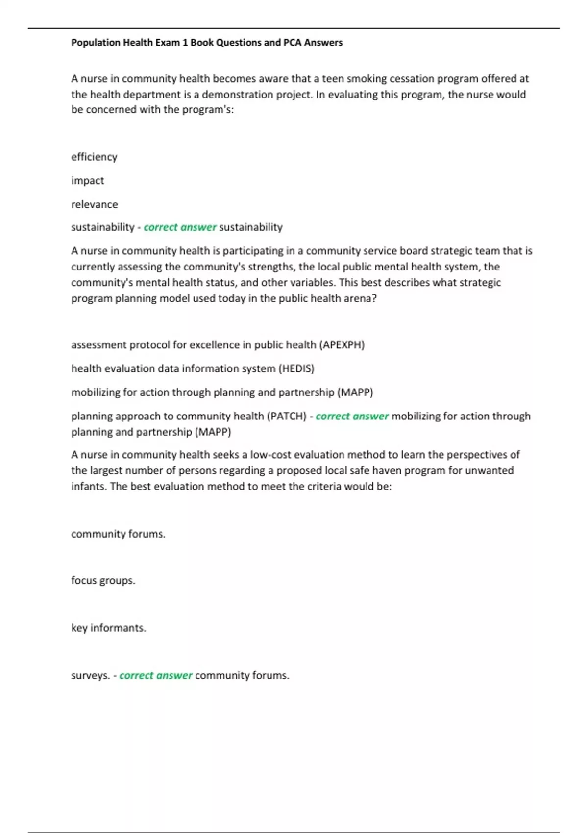 Population Health – Exam 1 – Book Questions and PCA Answers Review ...