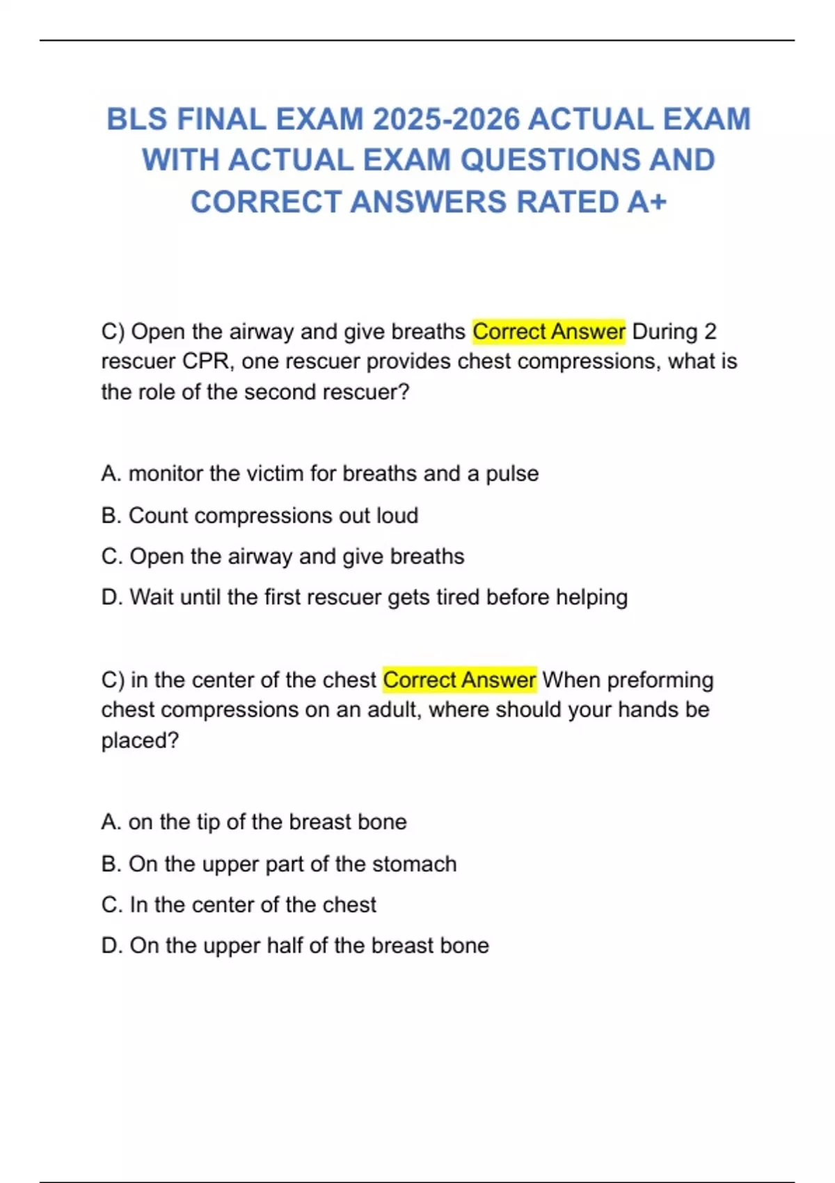 BLS FINAL EXAM ACTUAL EXAM WITH ACTUAL EXAM QUESTIONS AND CORRECT ...
