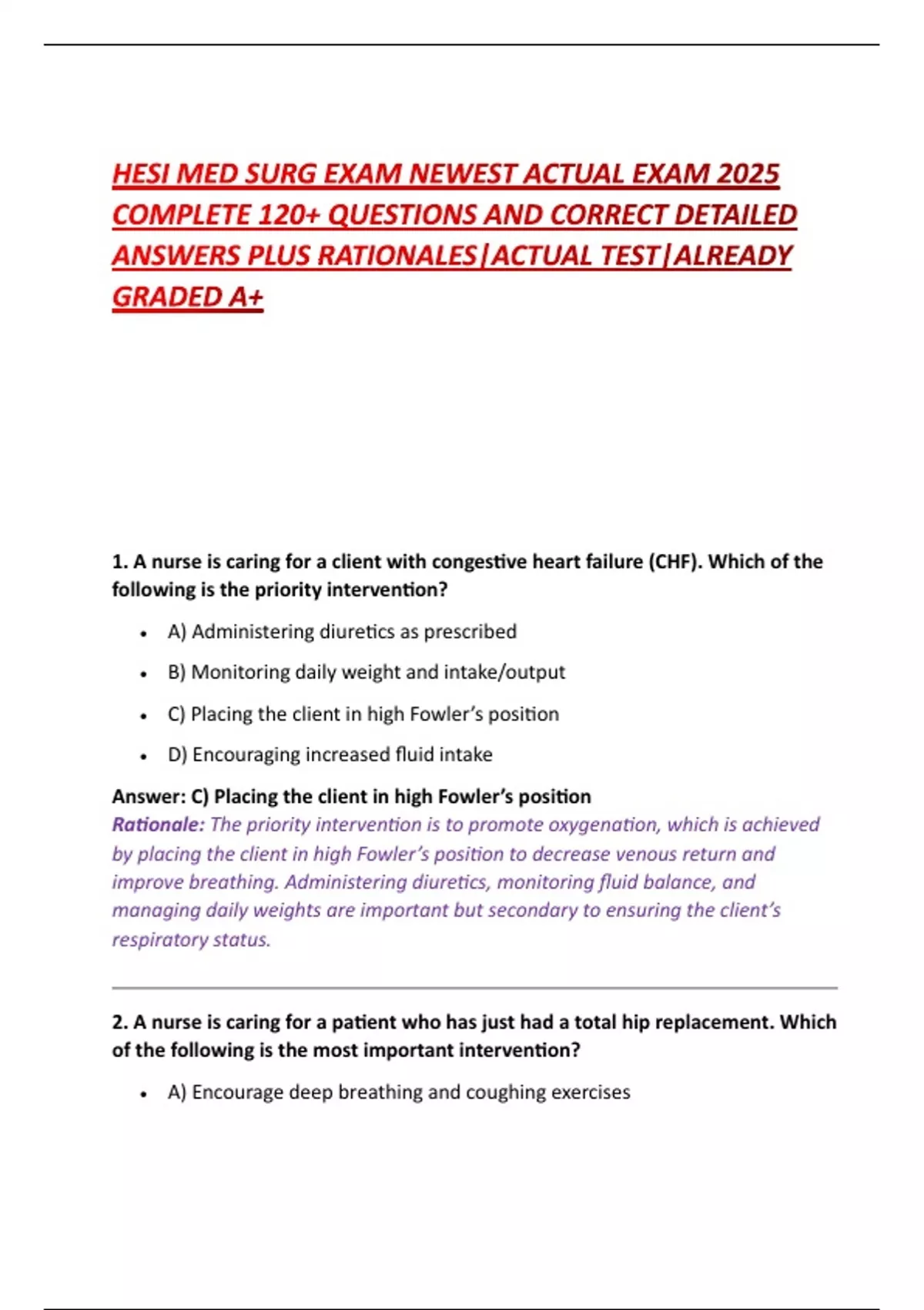 HESI MED SURG EXAM NEWEST ACTUAL EXAM 2025 COMPLETE 120+ QUESTIONS AND ...
