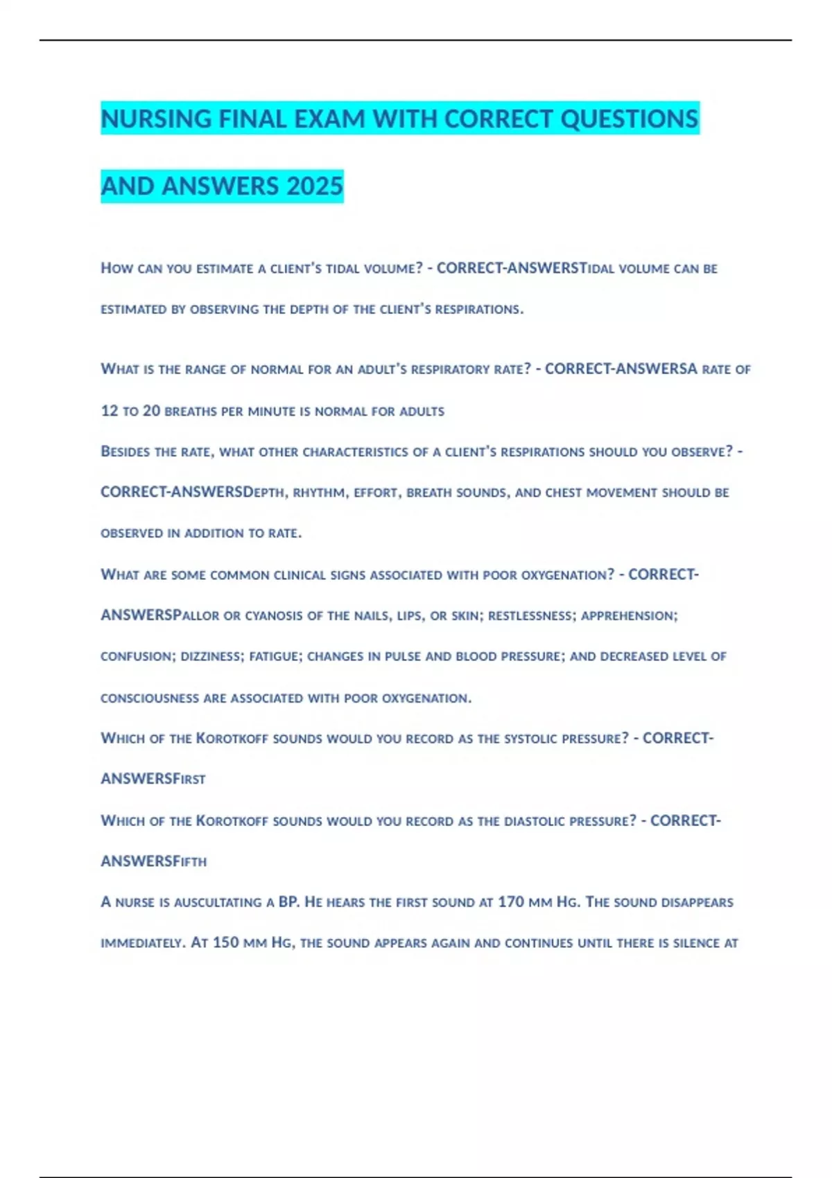 NURSING FINAL EXAM WITH CORRECT QUESTIONS AND ANSWERS 2025 - NURSING ...