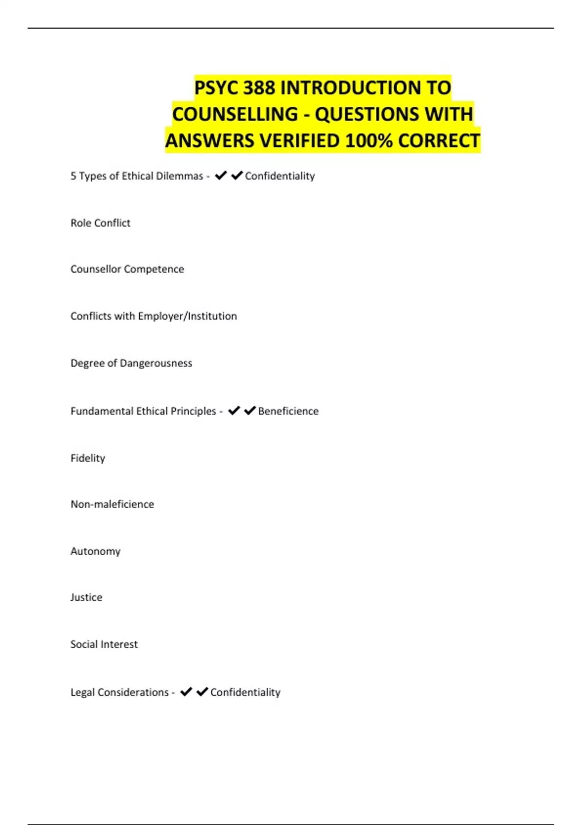 PSYC 388 INTRODUCTION TO COUNSELLING - QUESTIONS WITH ANSWERS VERIFIED ...