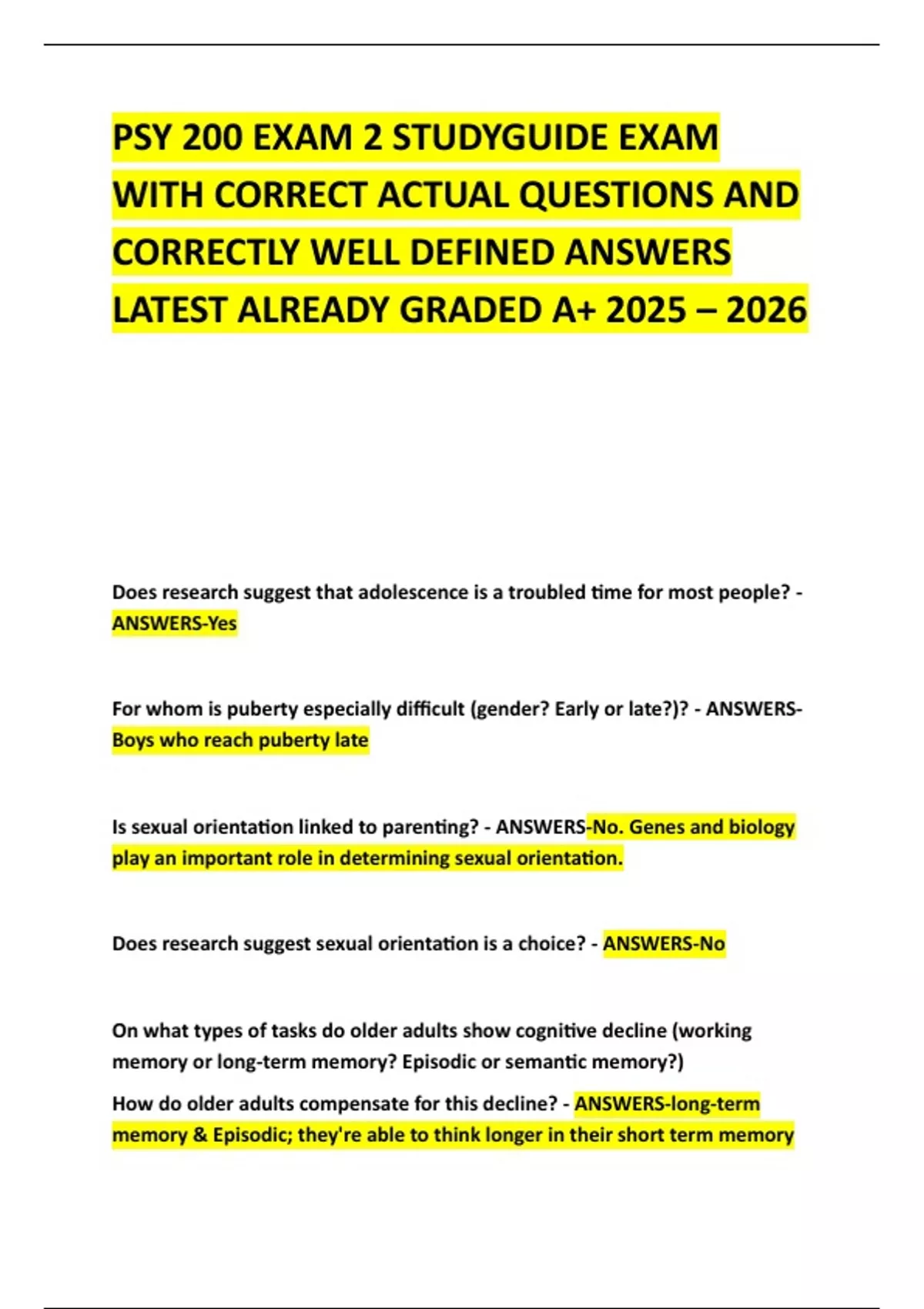 PSY 200 EXAM 2 STUDYGUIDE EXAM WITH CORRECT ACTUAL QUESTIONS AND ...
