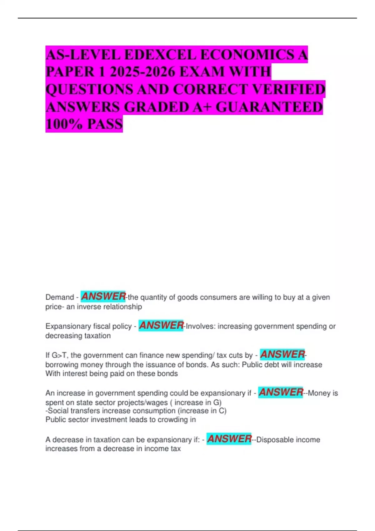 AS-LEVEL EDEXCEL ECONOMICS A PAPER EXAM WITH QUESTIONS AND CORRECT ...