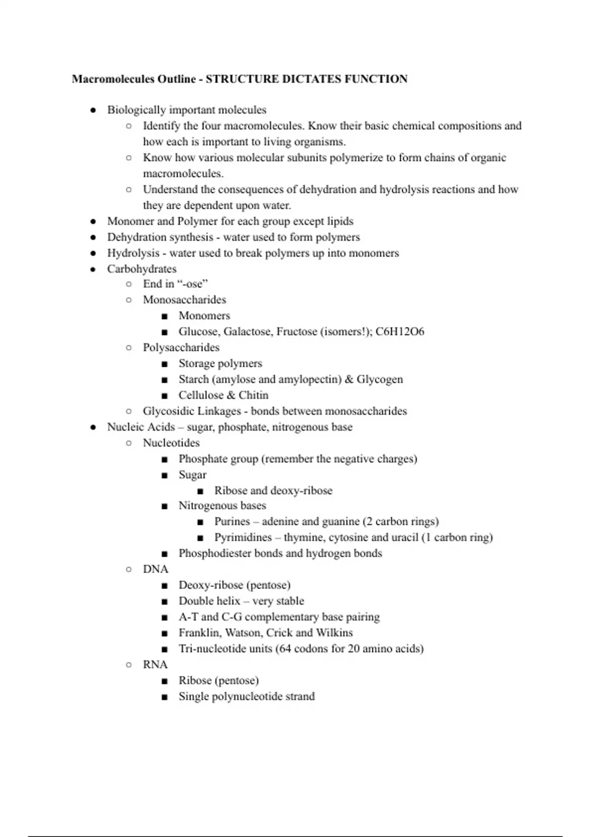 Summary BIO 183 NCSU Macromolecules Outline - BIO 183 NCSU - Stuvia US