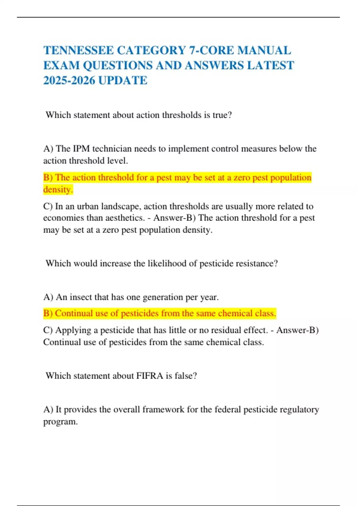 TENNESSEE CATEGORY 7-CORE MANUAL EXAM QUESTIONS AND ANSWERS LATEST UPDATE - TENNESSEE CATEGORY 7 ...