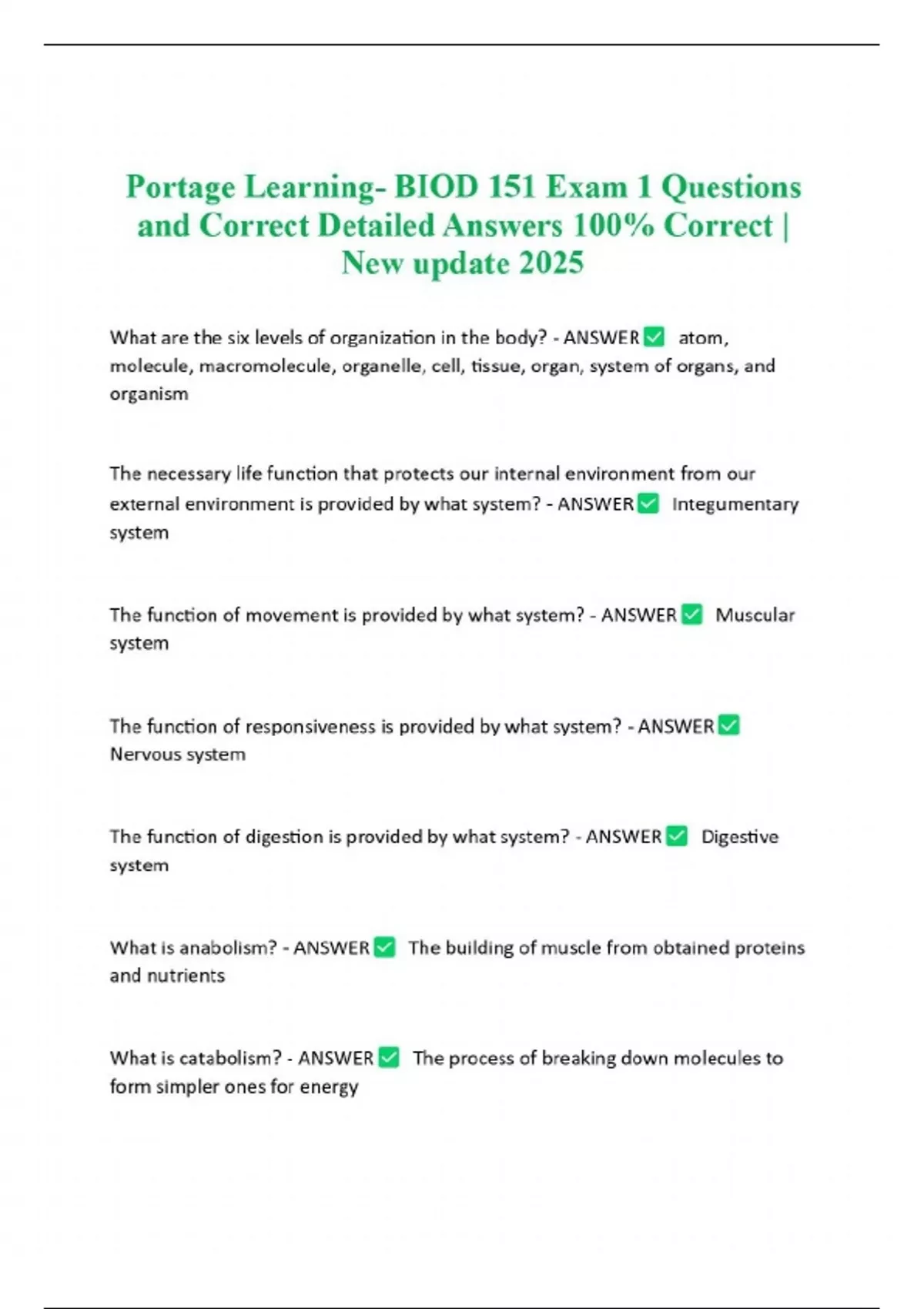 Portage Learning- BIOD 151 Exam 1 Questions and Correct Detailed ...