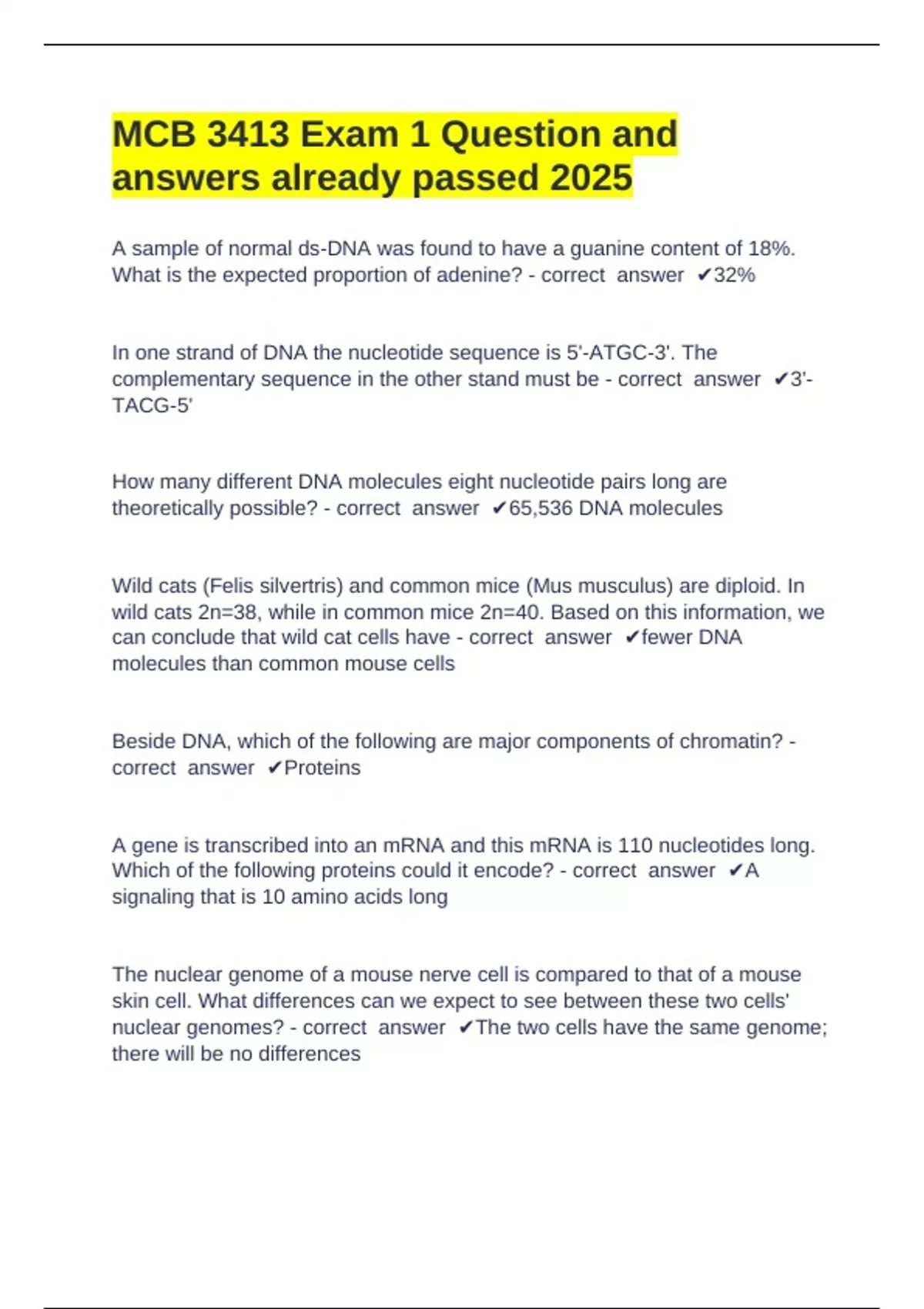 MCB 3413 Exam 1 Question and answers already passed 2025 - MCB 3413 ...