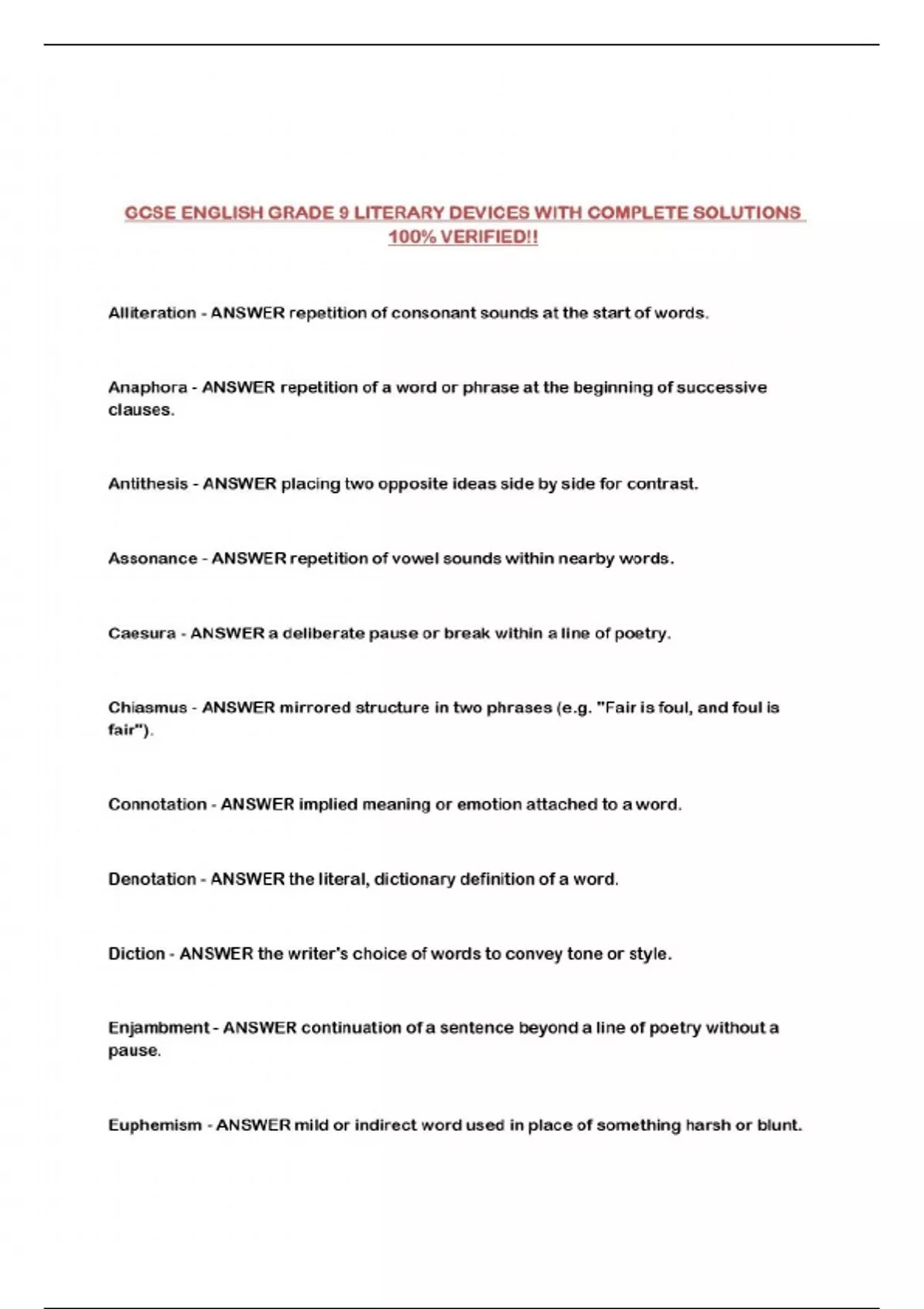GCSE ENGLISH GRADE 9 LITERARY DEVICES WITH COMPLETE SOLUTIONS 100% ...