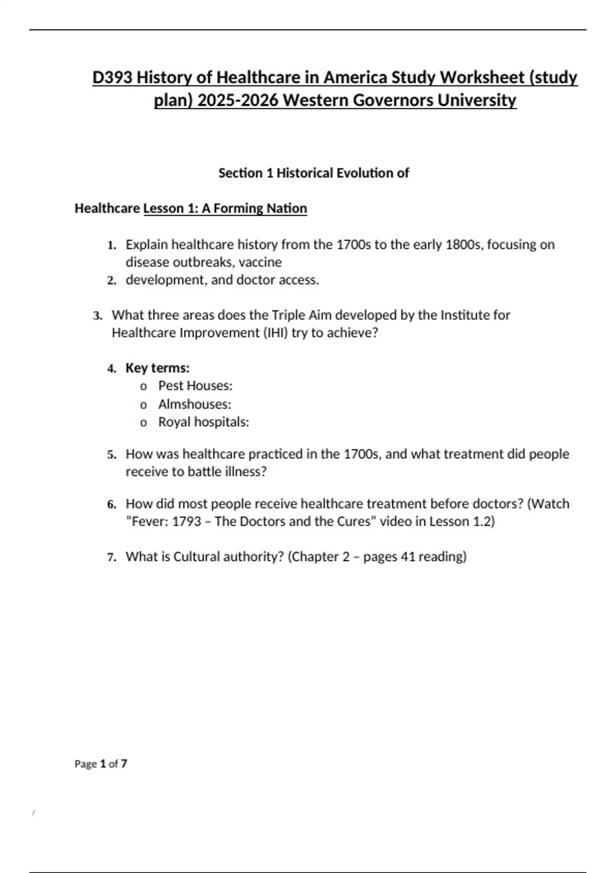 D393 History of Healthcare in America Study Worksheet (study plan ...