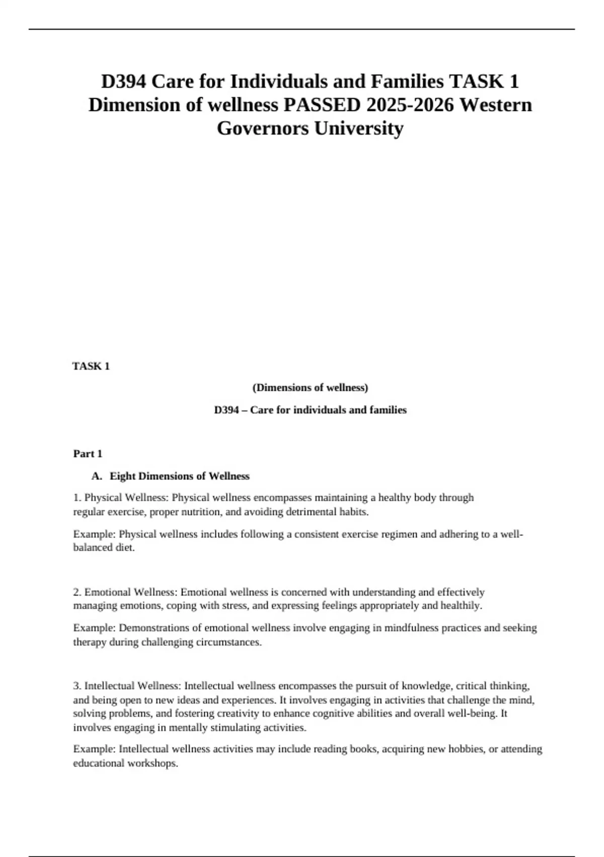 D394 Care for Individuals and Families TASK 1 Dimension of wellness ...