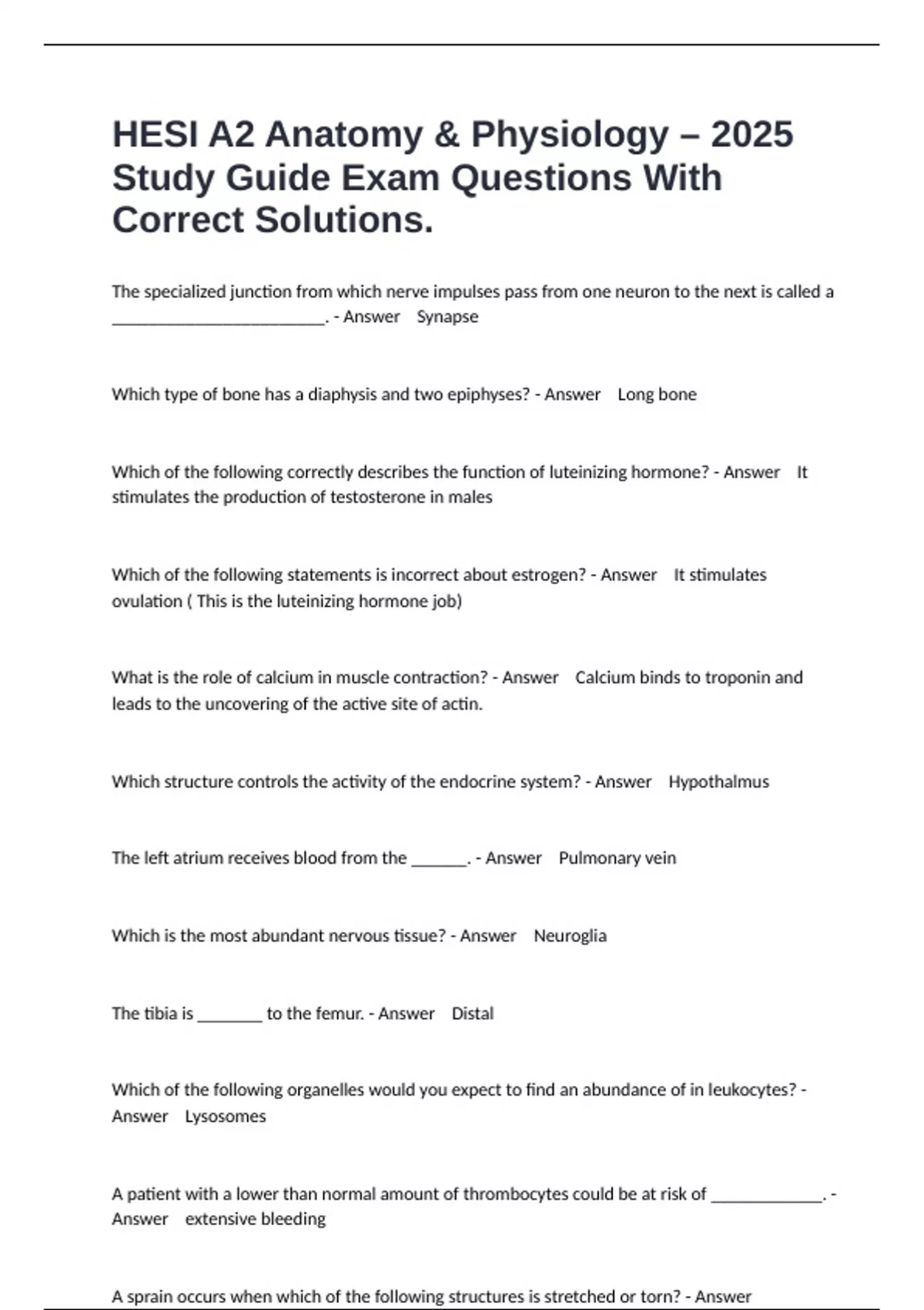 HESI A2 Anatomy & Physiology – 2025 Study Guide Exam Questions With ...