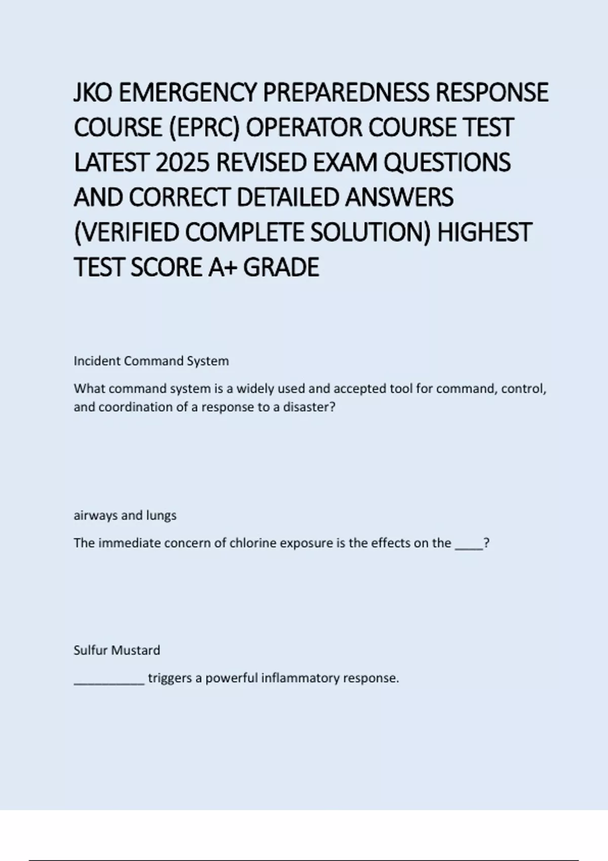 JKO EMERGENCY PREPAREDNESS RESPONSE COURSE (EPRC) OPERATOR COURSE TEST