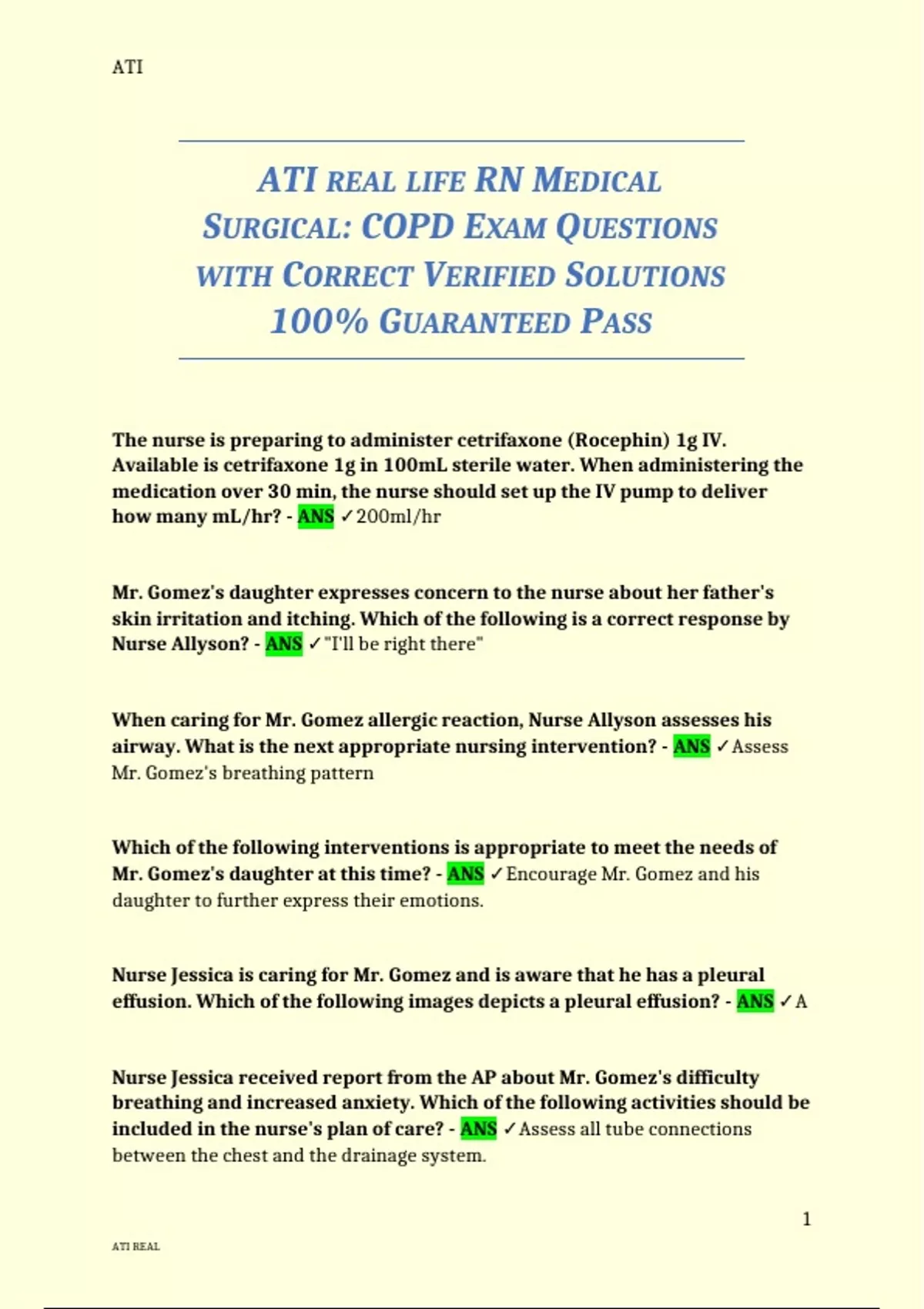 ATI REAL LIFE RN MEDICAL SURGICAL: COPD EXAM QUESTIONS WITH CORRECT ...