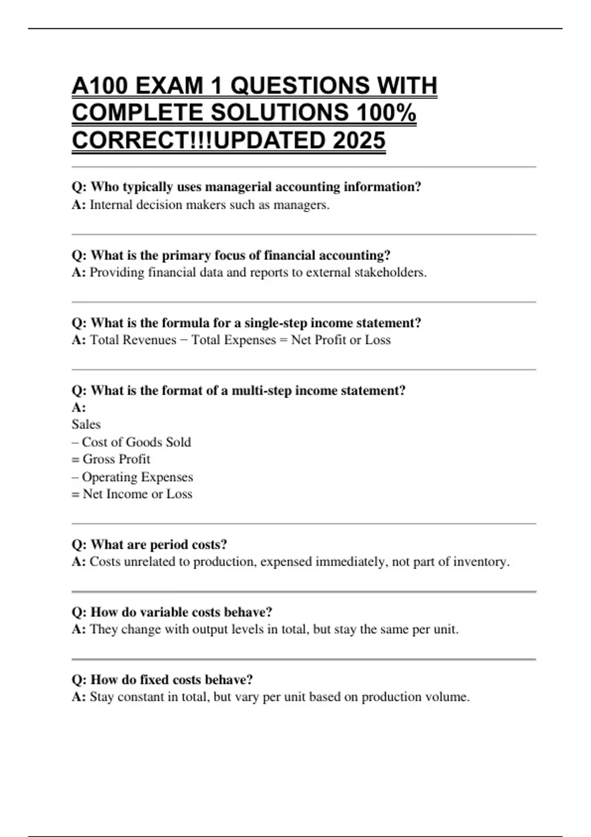 A100 EXAM 1 QUESTIONS WITH COMPLETE SOLUTIONS 100% CORRECT!!!UPDATED ...